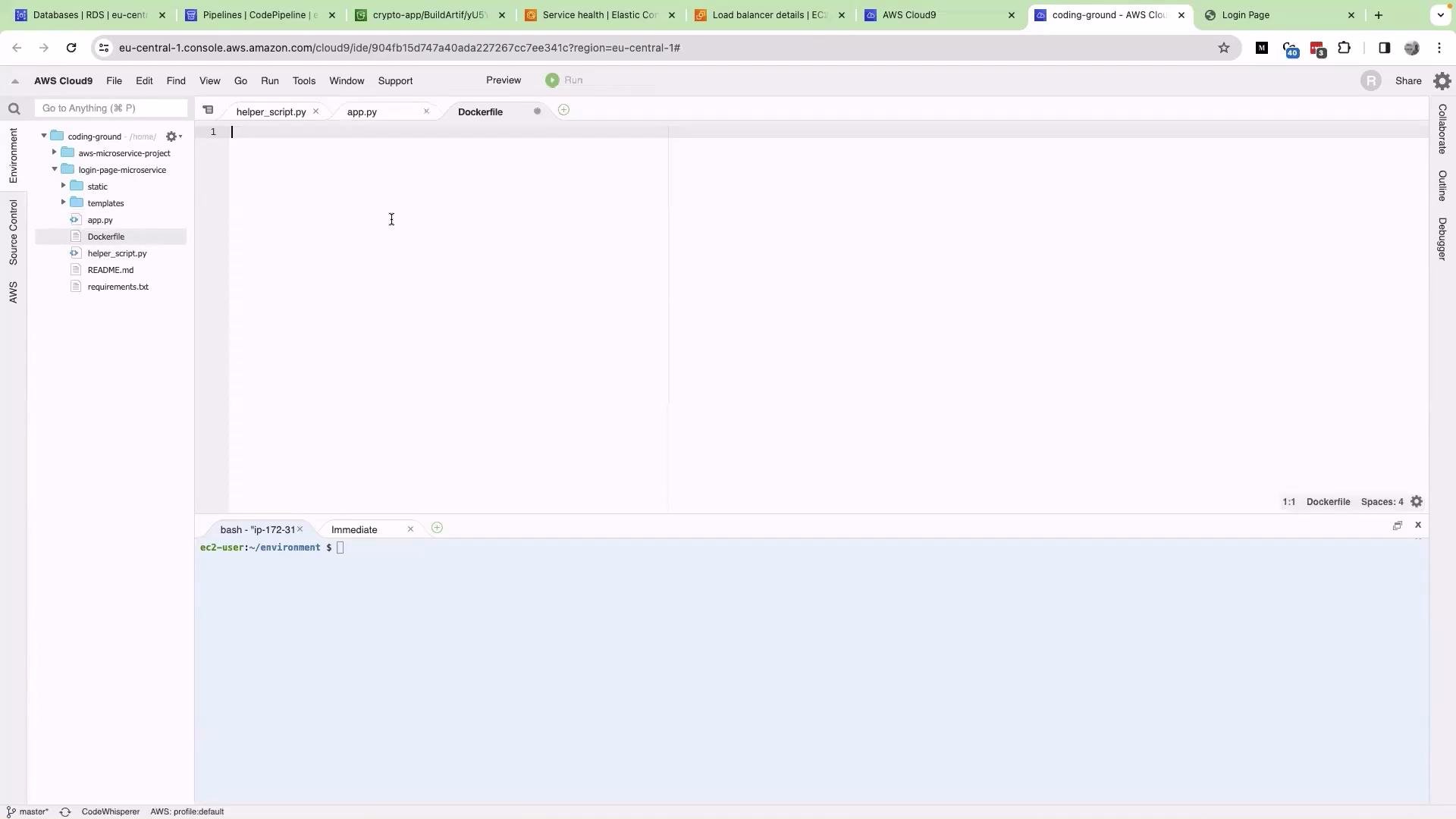 This image shows an AWS Cloud9 development environment with a file directory on the left, a code editor in the center displaying a Dockerfile, and a terminal at the bottom.