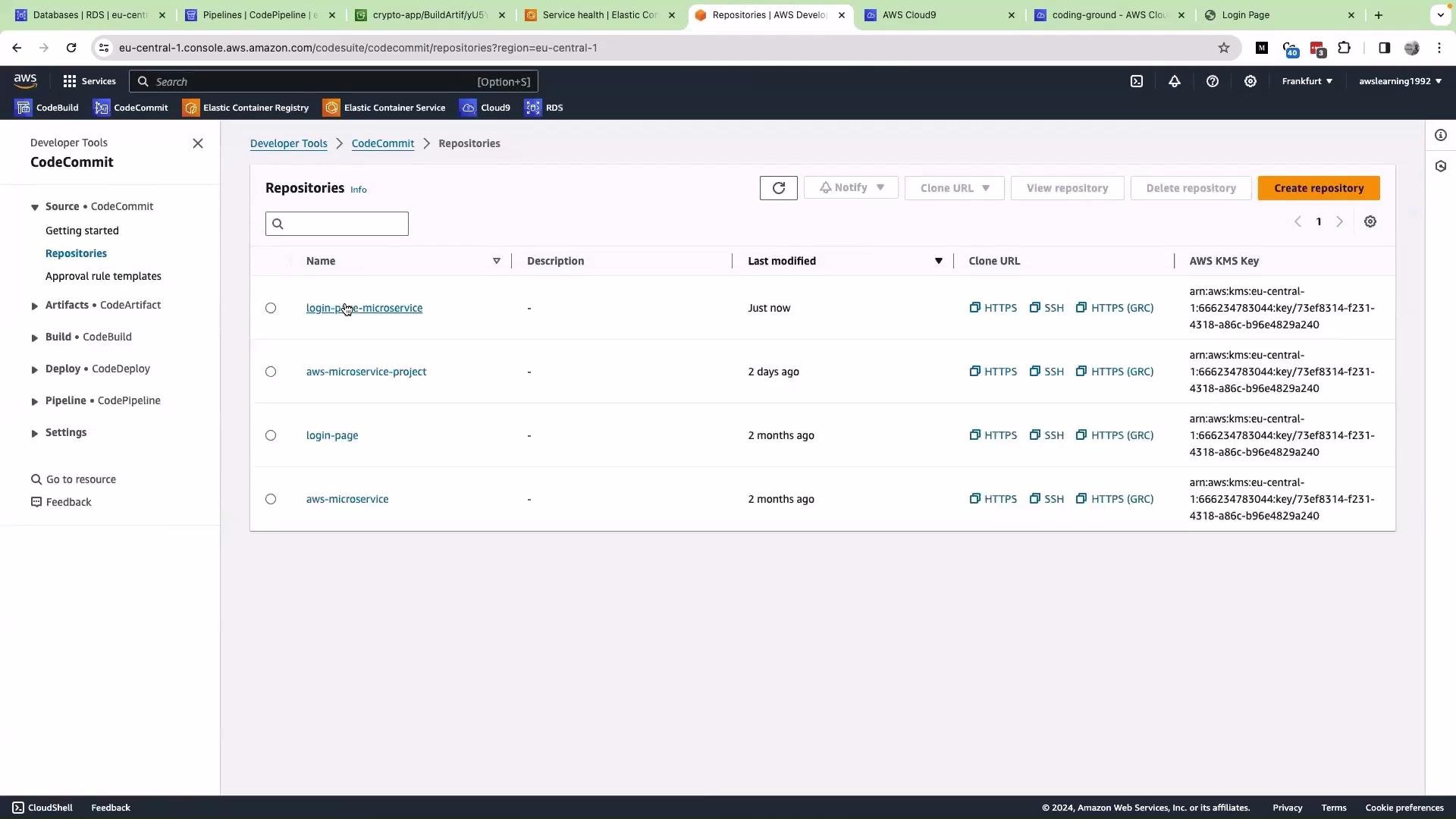 The image shows an AWS CodeCommit console displaying a list of repositories, including details like name, last modified date, and cloning options. The interface has navigation options for different AWS developer tools like CodeArtifact, CodeBuild, and CodePipeline on the left.