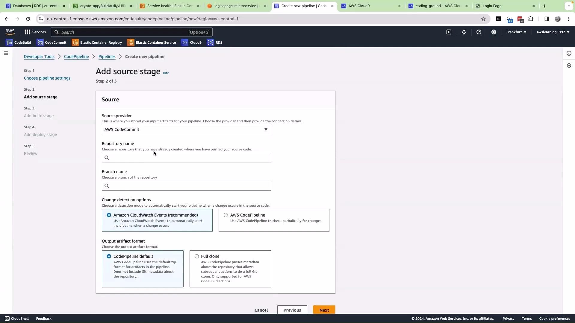 The image shows an AWS CodePipeline interface where the "Add source stage" step is being set up, allowing the user to select a source provider, repository name, branch name, and set change detection options.