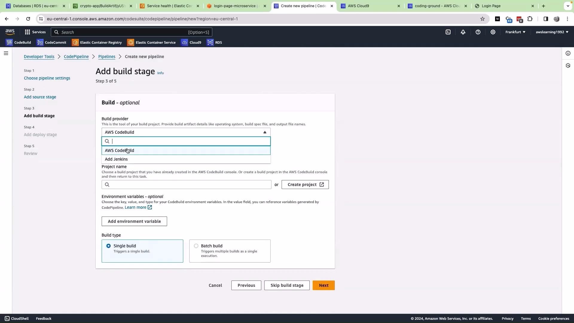 The image shows an AWS CodePipeline interface with a form to add a build stage, allowing users to select a build provider and configure options for a build project. It includes the option to add environment variables and choose between a single or batch build.