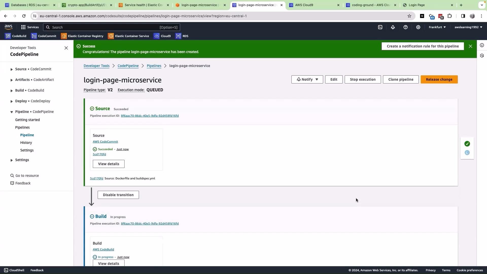 The image shows an AWS CodePipeline interface with a project named "login-page-microservice." The pipeline has successfully completed the source stage and is currently in progress on the build stage.
