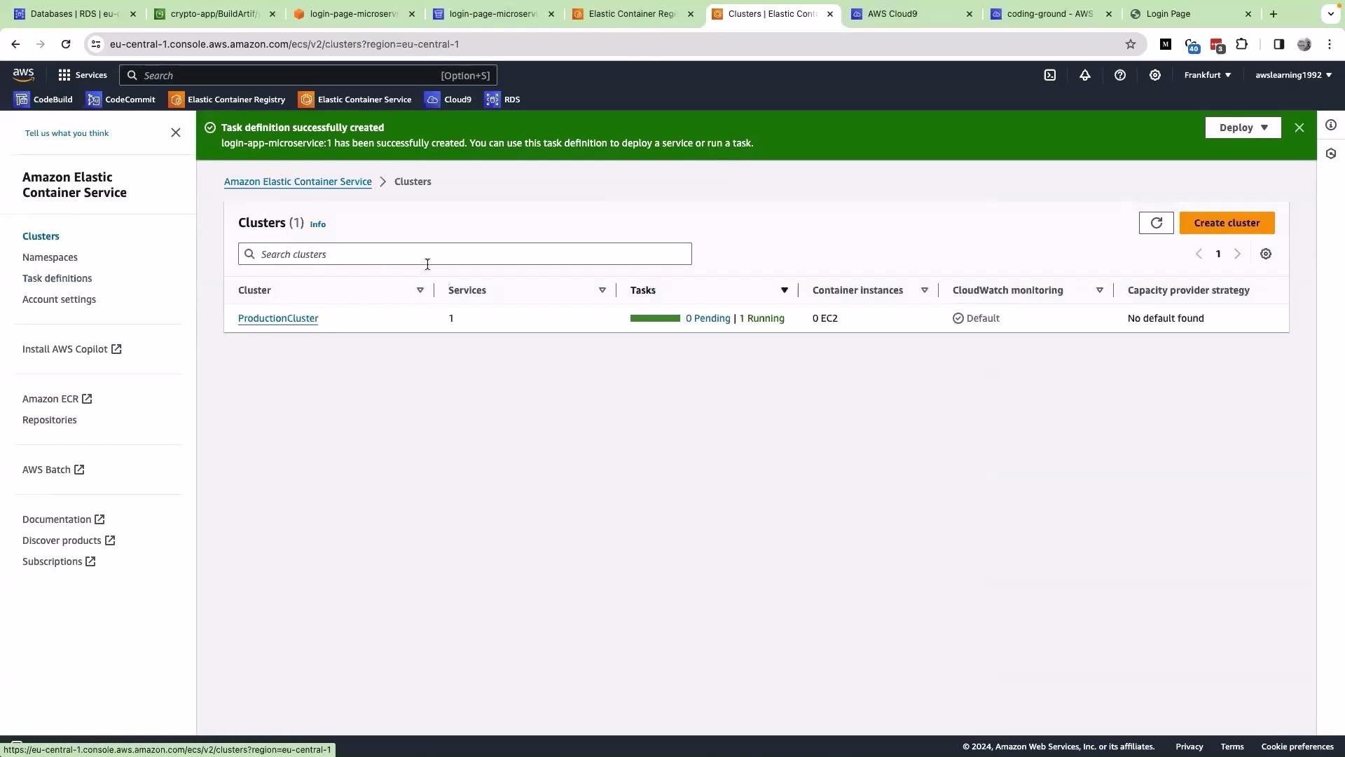 The image shows the Amazon Elastic Container Service (ECS) dashboard with a cluster named "ProductionCluster," displaying details like one running service and no pending tasks. A green notification bar indicates a successful task definition creation for "login-app-microservice:1."