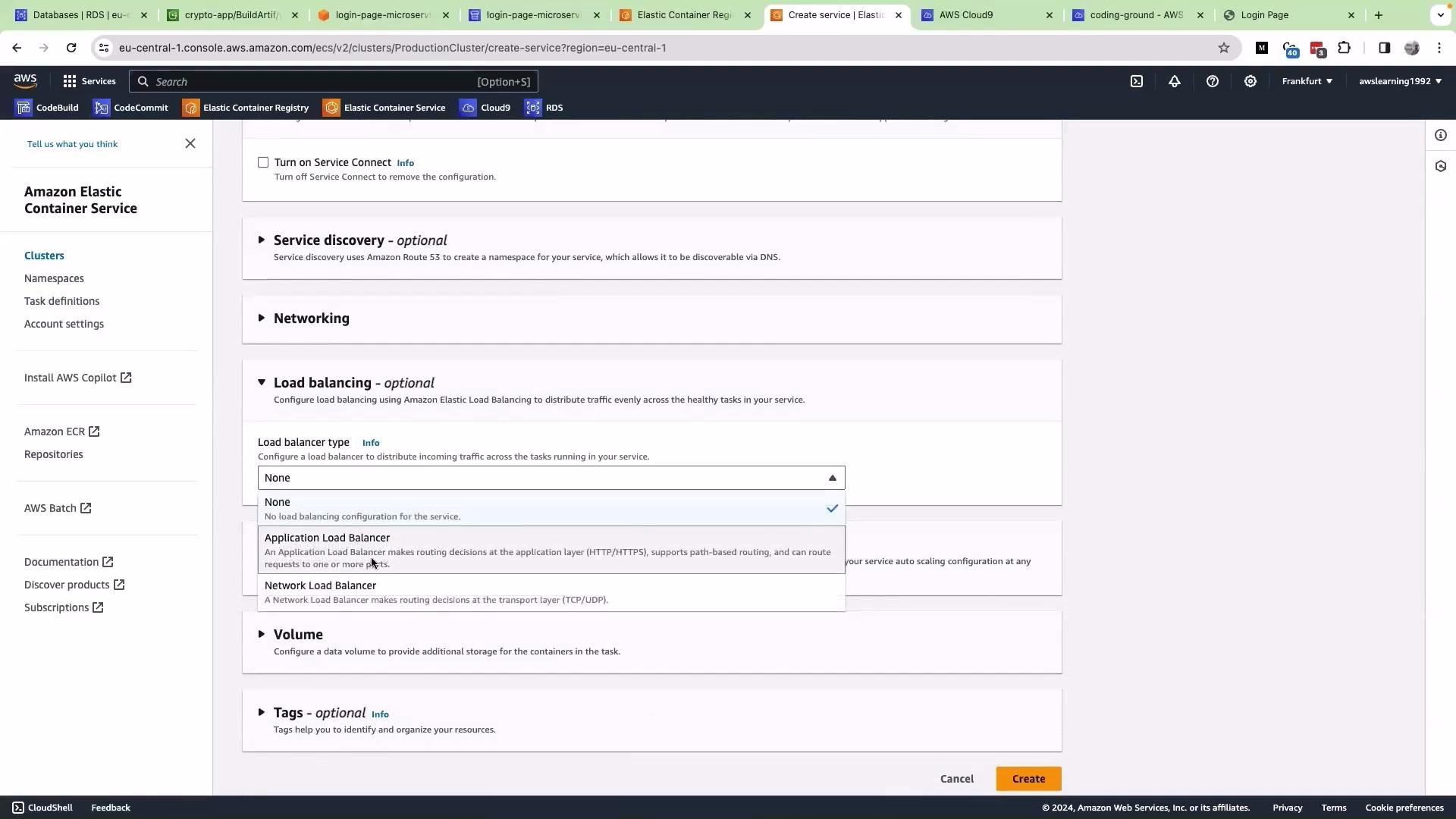 This image shows the AWS Management Console interface, specifically within the Elastic Container Service (ECS) section, focusing on configuring a service with options for load balancing.
