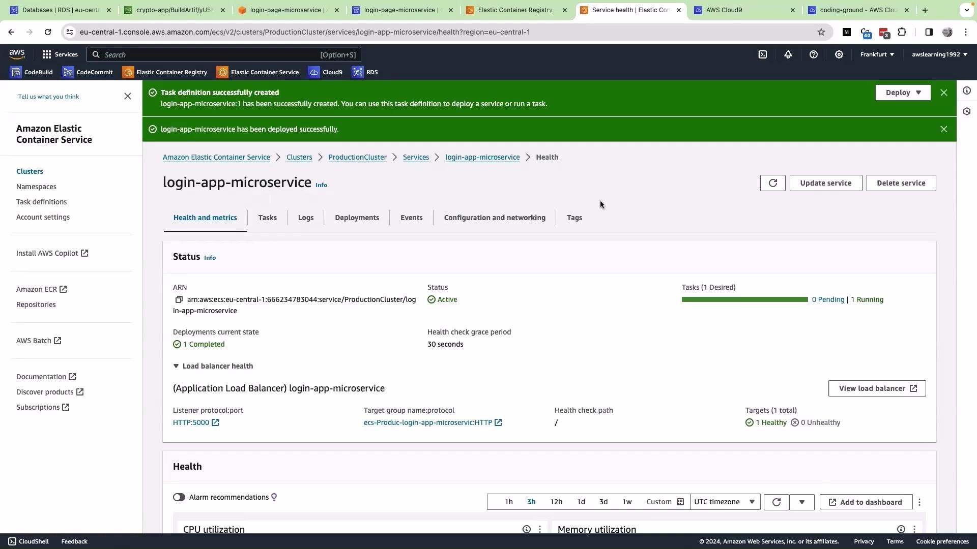This image shows the AWS Management Console for Amazon Elastic Container Service (ECS), indicating that the "login-app-microservice" is active and running with a healthy status.