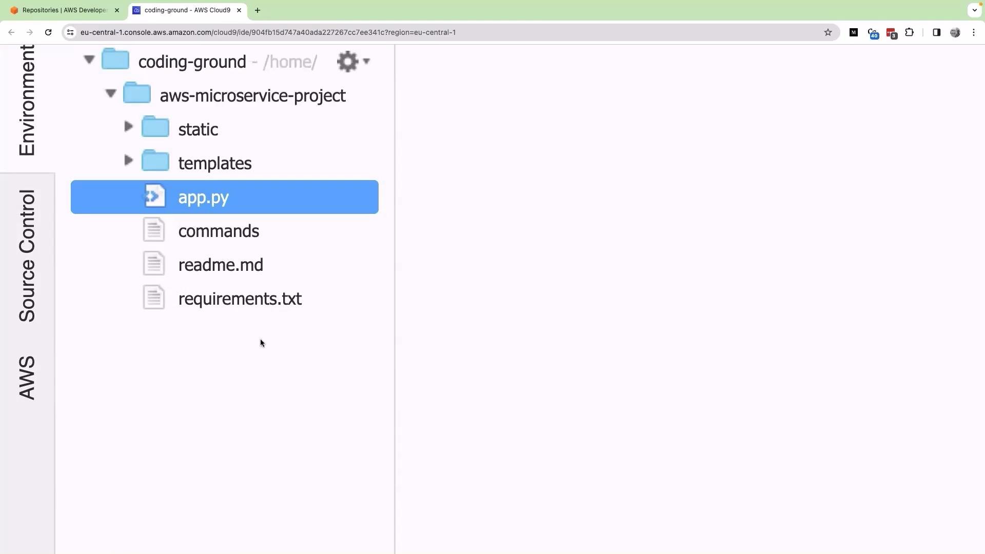 The image shows a file directory in an AWS Cloud9 environment, highlighting a Python file named "app.py" within the "aws-microservice-project" folder.
