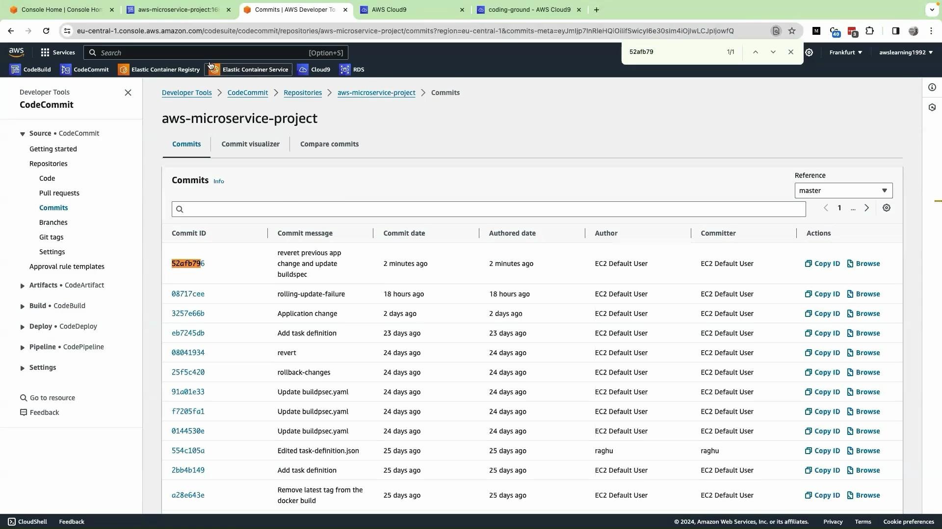 The image shows an AWS CodeCommit interface displaying the commit history of a repository named "aws-microservice-project," including details like commit IDs, messages, dates, authors, and associated actions.