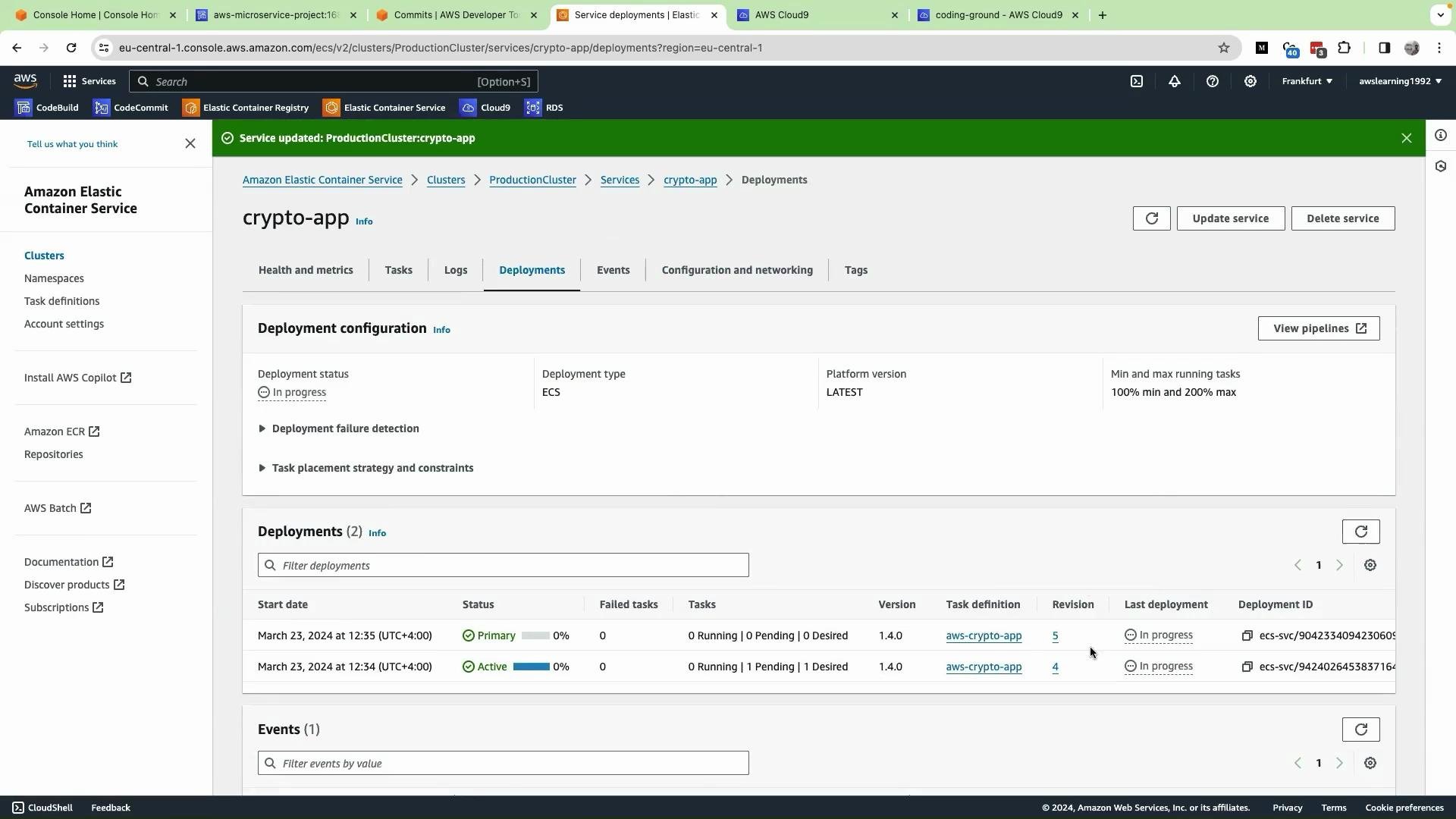The image shows the AWS Management Console for Amazon Elastic Container Service, specifically the deployment details for the "crypto-app" in a cluster with active and primary deployment statuses.