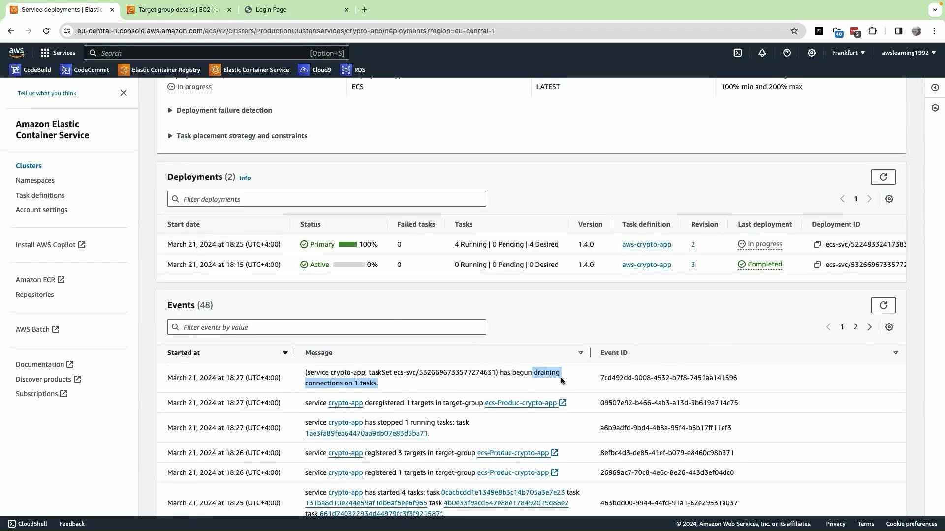 The image depicts the Amazon Elastic Container Service (ECS) interface, showing deployments and events for a service named "crypto-app," with details on status, tasks, and event messages.