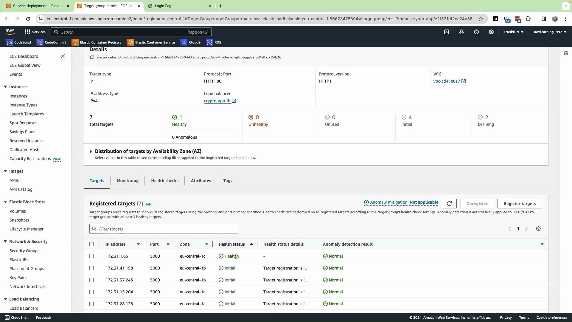 The image shows an AWS EC2 management console screen, specifically the details of a target group, including information about target health and registered targets. It displays various targets with their IP addresses, ports, zones, and health statuses.