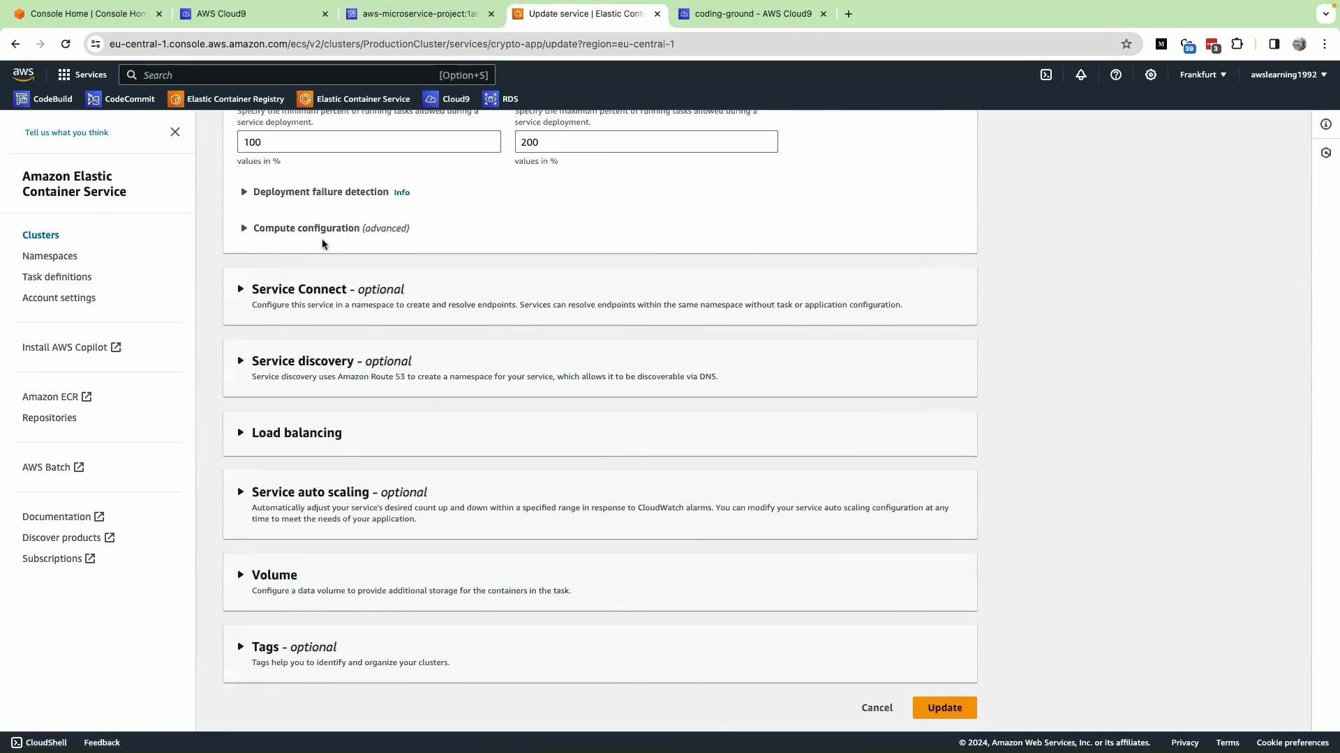 The image shows a webpage interface of the Amazon Elastic Container Service (ECS) with various optional service configurations like Service Connect, Service Discovery, Load Balancing, and more. There are buttons for actions like "Cancel" and "Update" at the bottom.