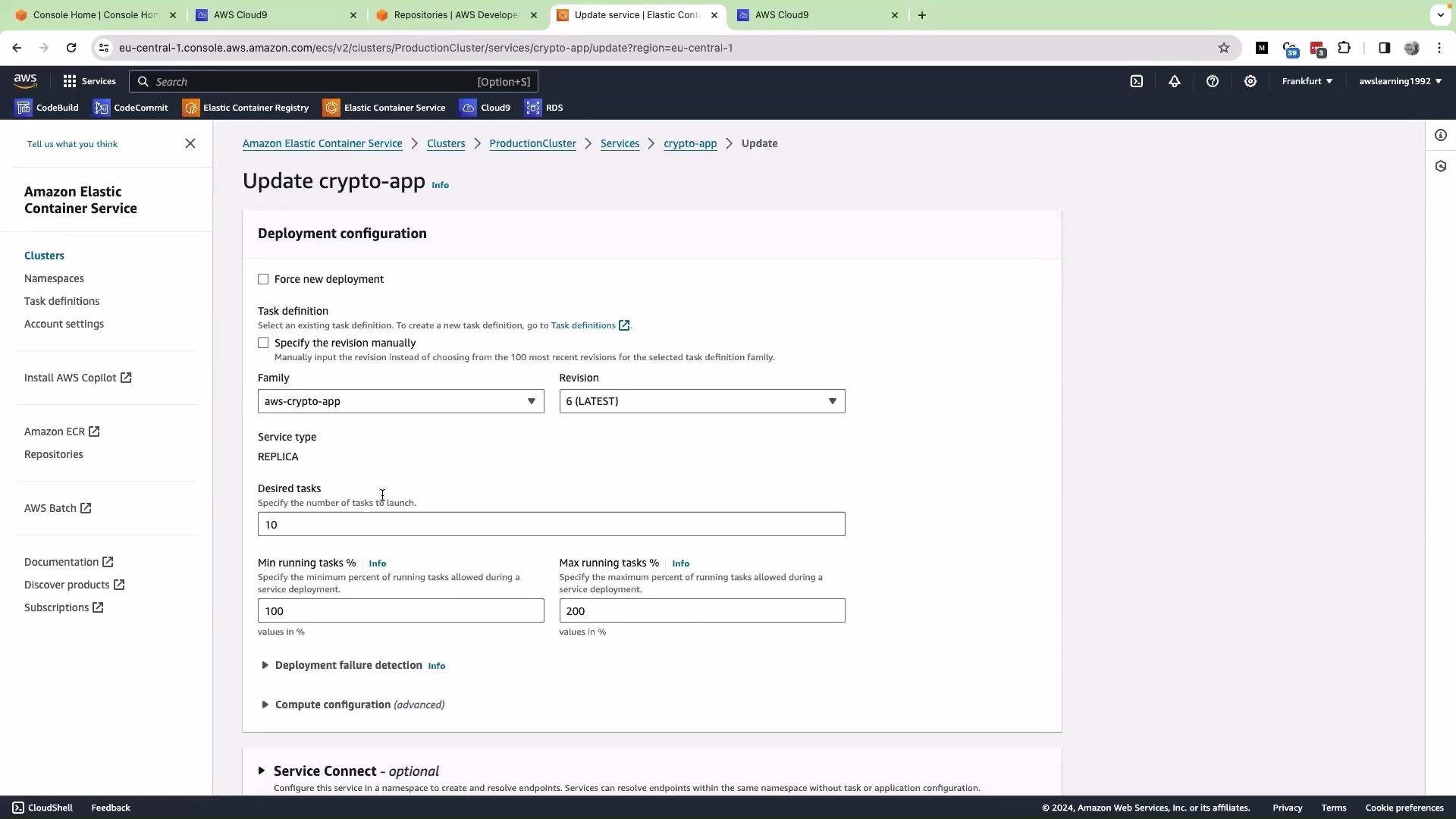 This image shows the Amazon Elastic Container Service (ECS) interface, specifically the update configuration page for a service named "crypto-app," where deployment settings like task definition and revision can be modified.