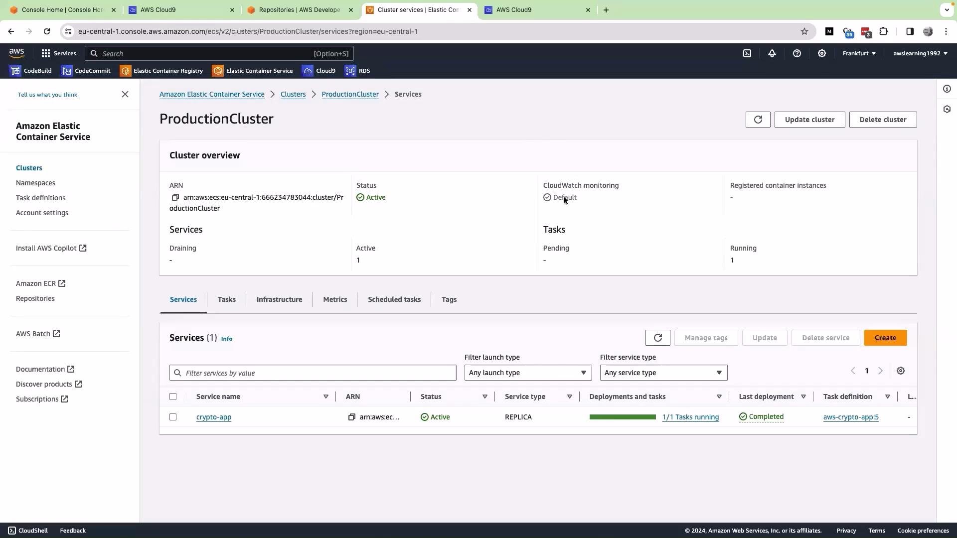 The image shows an AWS Elastic Container Service (ECS) console with an active "ProductionCluster," displaying details like cluster status, services, and a running crypto-app service.