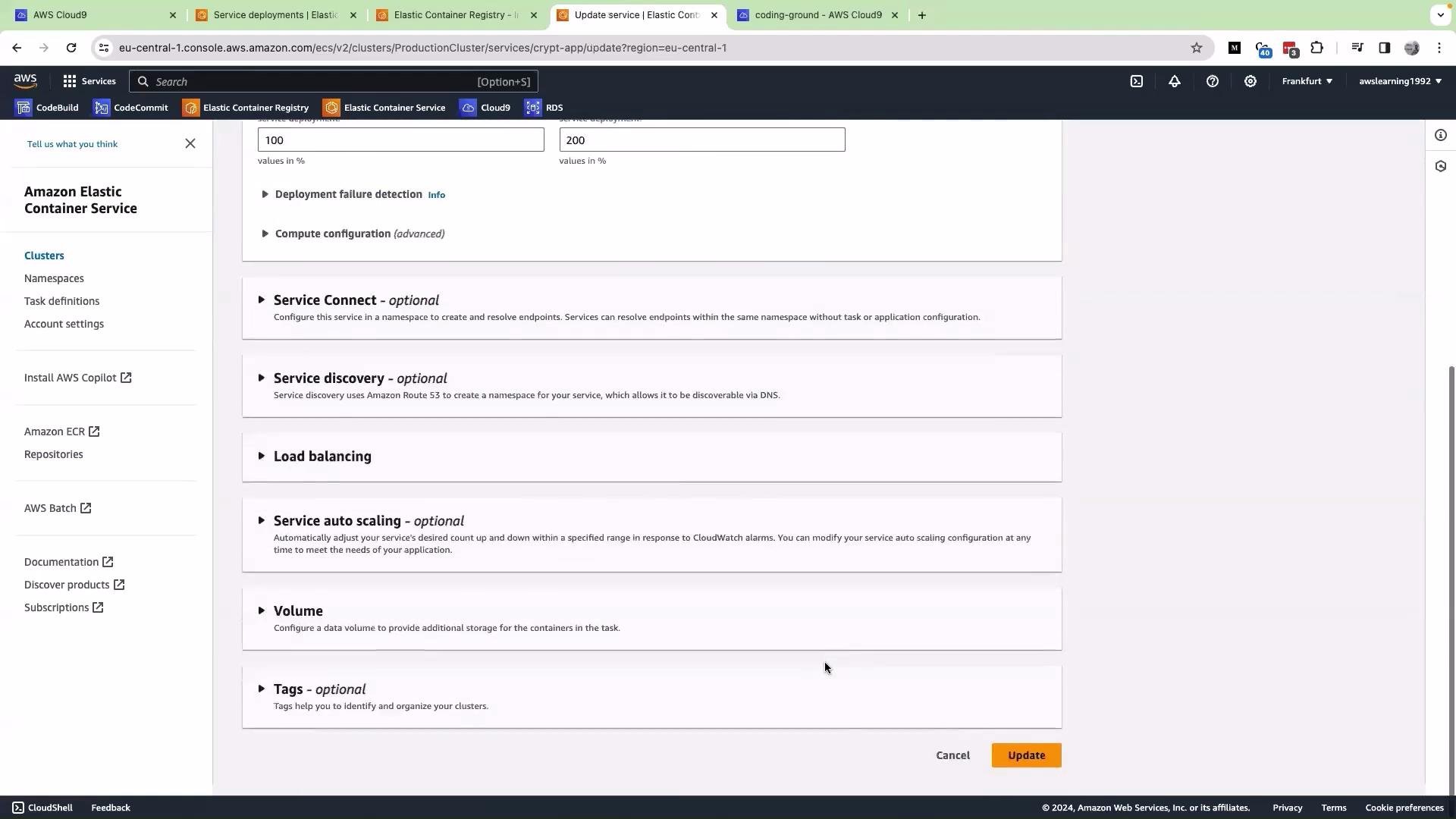 This image shows a user interface for updating a service within Amazon Elastic Container Service (ECS) on the AWS management console, displaying various optional configurations like Service Connect, Service Discovery, and Auto Scaling.