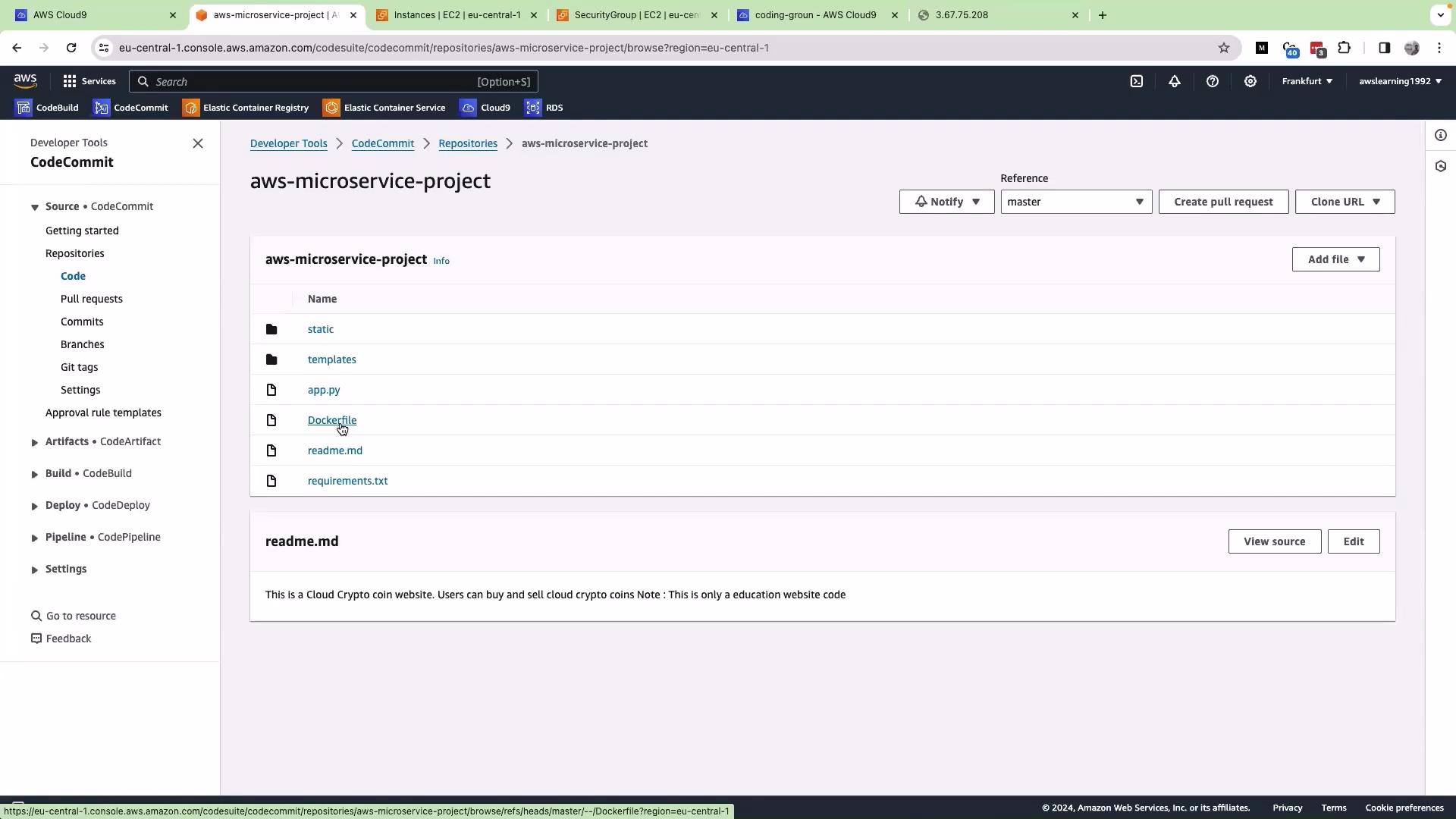 This image shows an AWS CodeCommit repository named "aws-microservice-project" with folders like "static" and "templates" and files including "app.py" and "Dockerfile." The README notes it's an educational website for buying and selling cloud crypto coins.