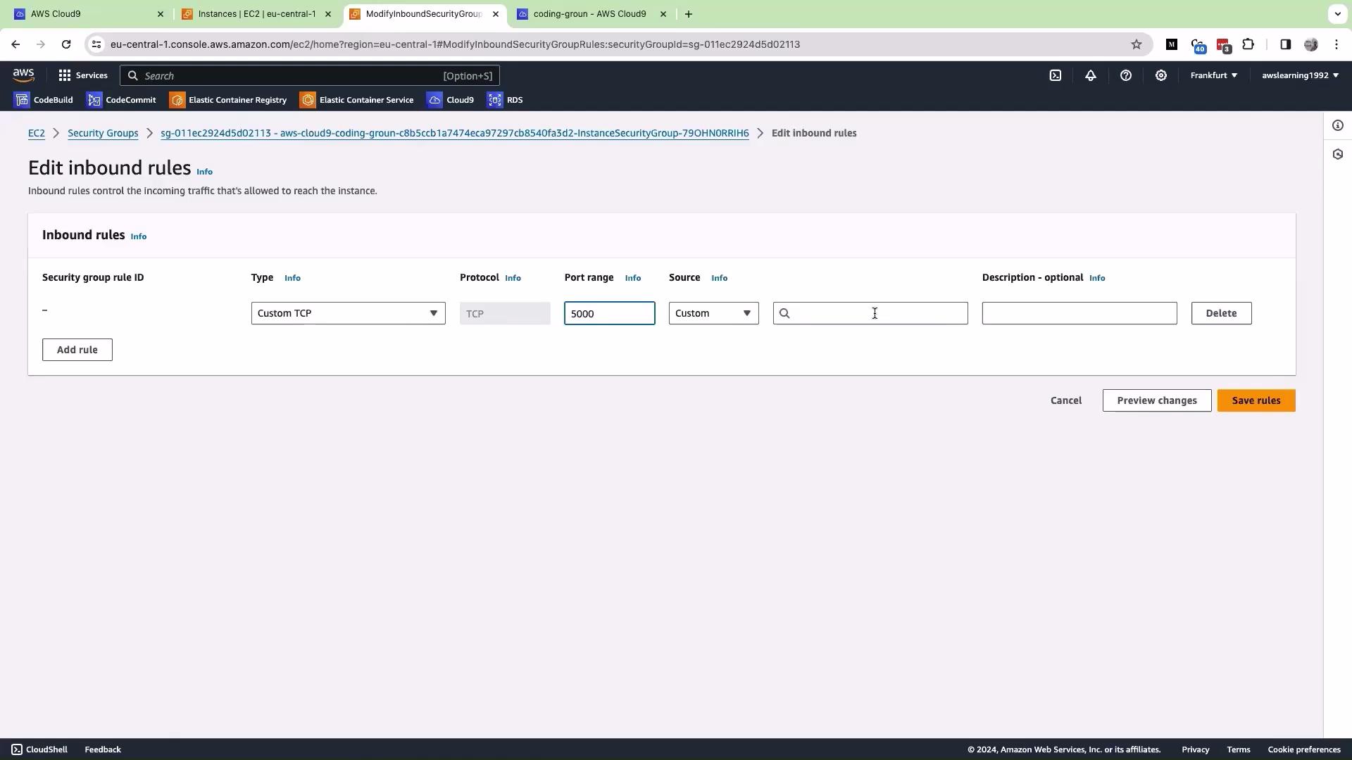 The image shows the AWS EC2 console on the "Edit inbound rules" page, where a Custom TCP rule is being configured with port 5000. There's an option to save or preview changes.