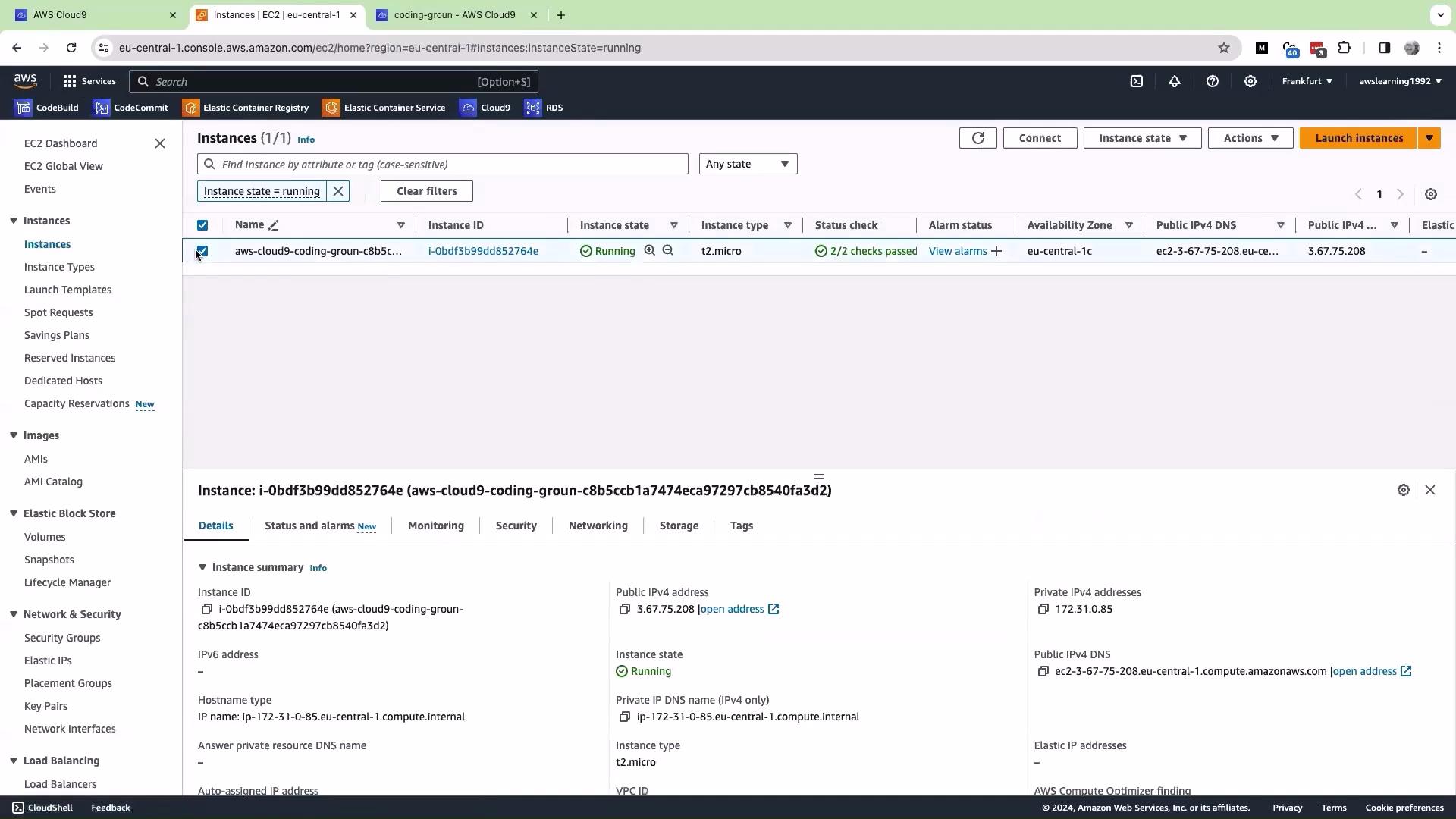 The image shows an AWS EC2 console with a running instance, displaying details such as instance ID, type (t2.micro), and public IPv4 address.