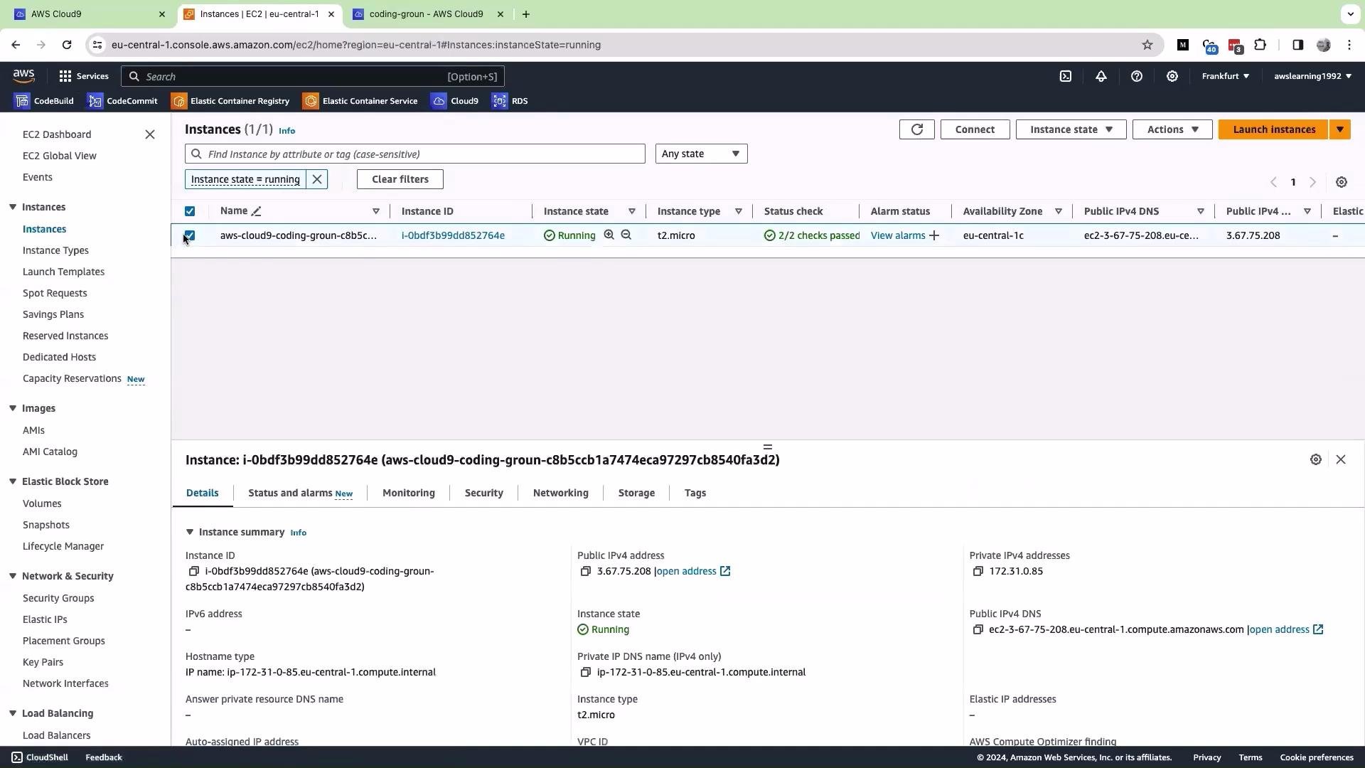 The image shows an AWS EC2 console with a running instance, displaying details such as instance ID, type (t2.micro), and public IPv4 address.
