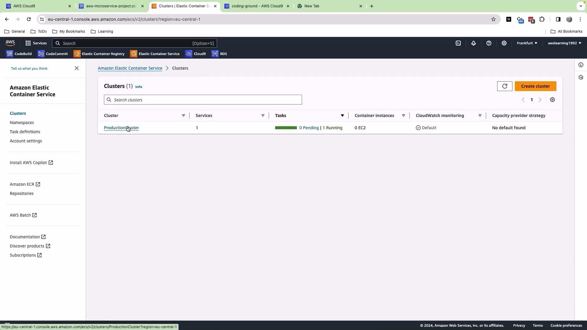 The image shows the AWS Elastic Container Service (ECS) console, displaying information about a cluster named "ProductionCluster" with 1 running service and task status.