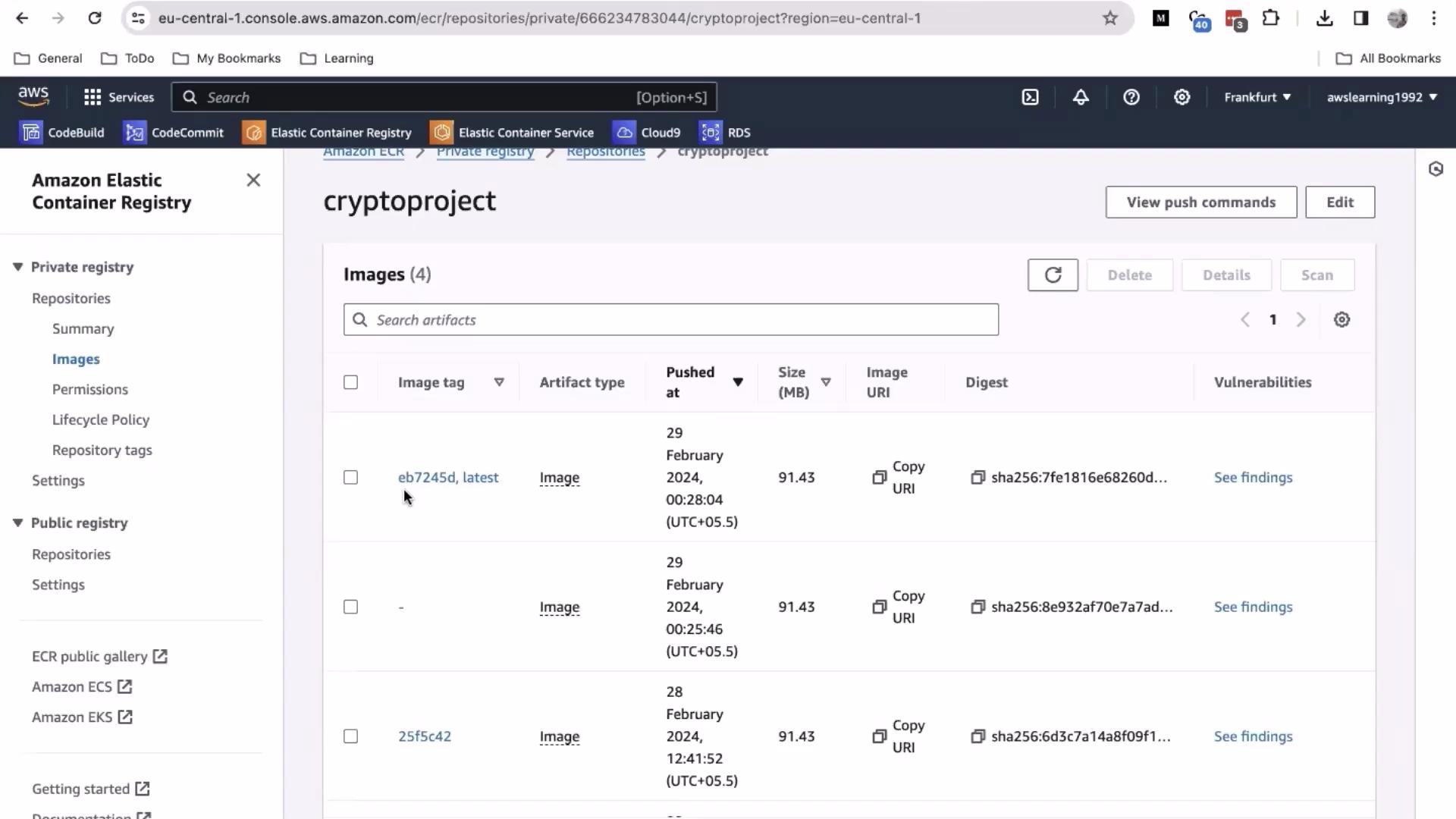 The image shows a screenshot of the Amazon Elastic Container Registry (ECR) interface, displaying a list of container images under the repository "cryptoproject," including details such as image tags, push dates, sizes, and vulnerabilities.