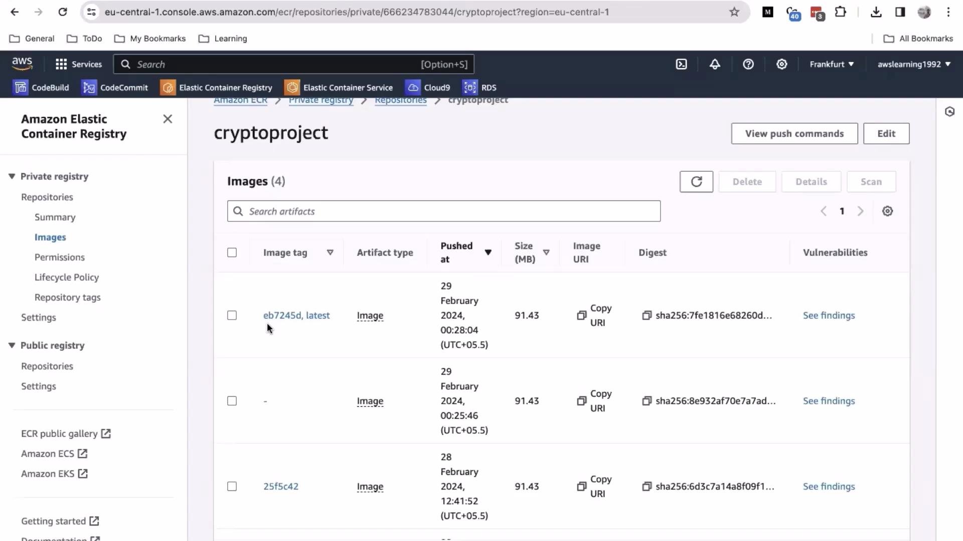 The image shows a screenshot of the Amazon Elastic Container Registry (ECR) interface, displaying a list of container images under the repository "cryptoproject," including details such as image tags, push dates, sizes, and vulnerabilities.