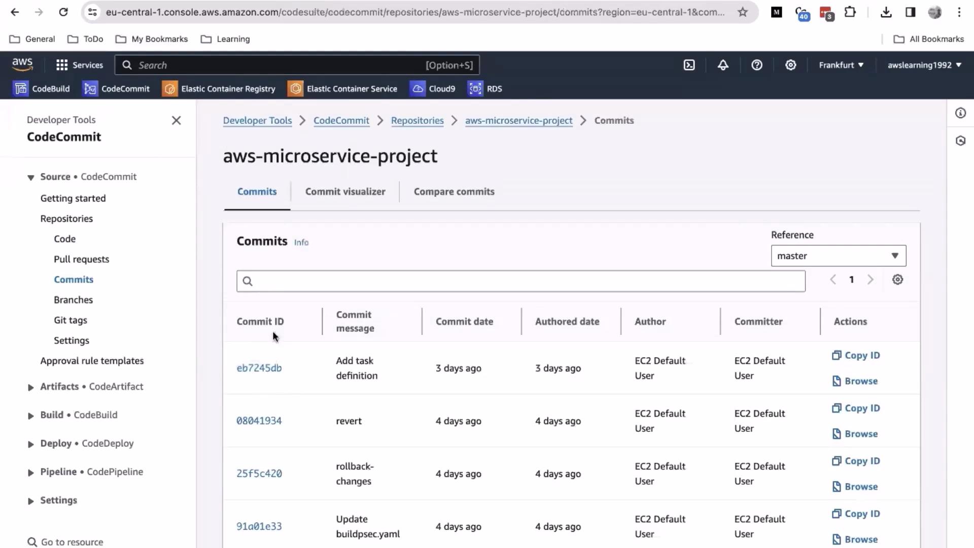 The image shows an AWS CodeCommit page for a repository named "aws-microservice-project," displaying a list of commits with details such as commit ID, message, date, author, and committer.