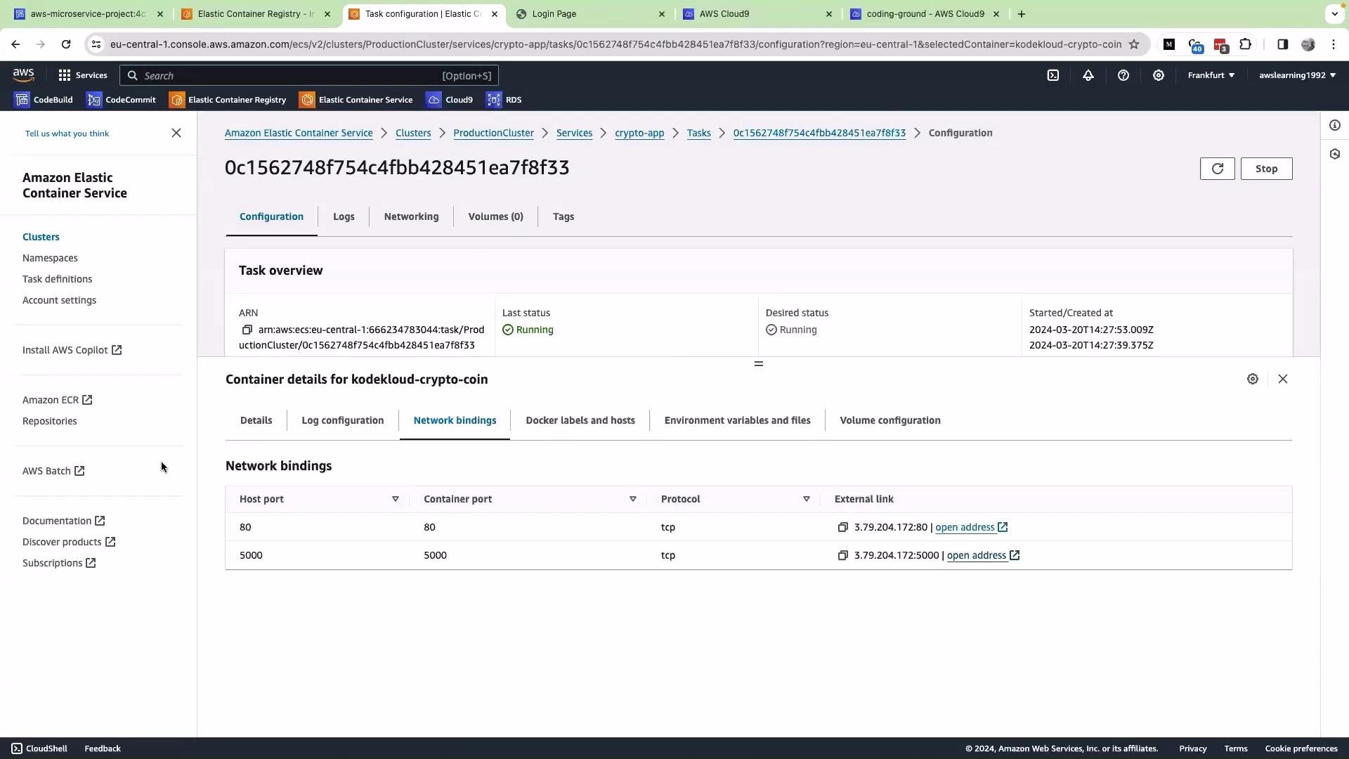 The image shows an Amazon Elastic Container Service (ECS) console displaying details about a running task in a production cluster, including task overview and network bindings for specific ports.
