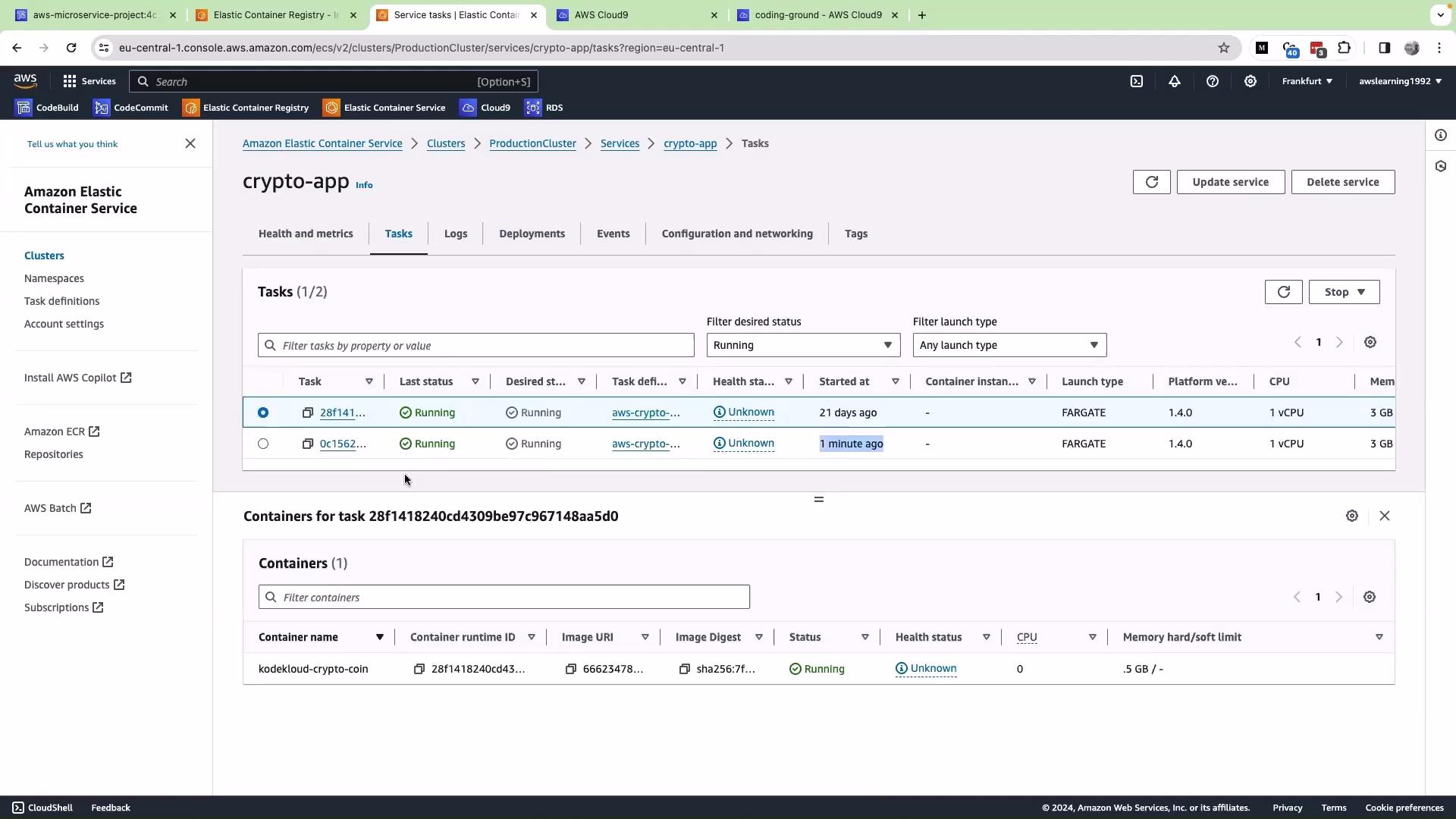 The image shows the Amazon Elastic Container Service (ECS) console, displaying details of running tasks within a cluster named "ProductionCluster" for a service called "crypto-app." Tasks are listed with their status, launch type, and resource specifications.