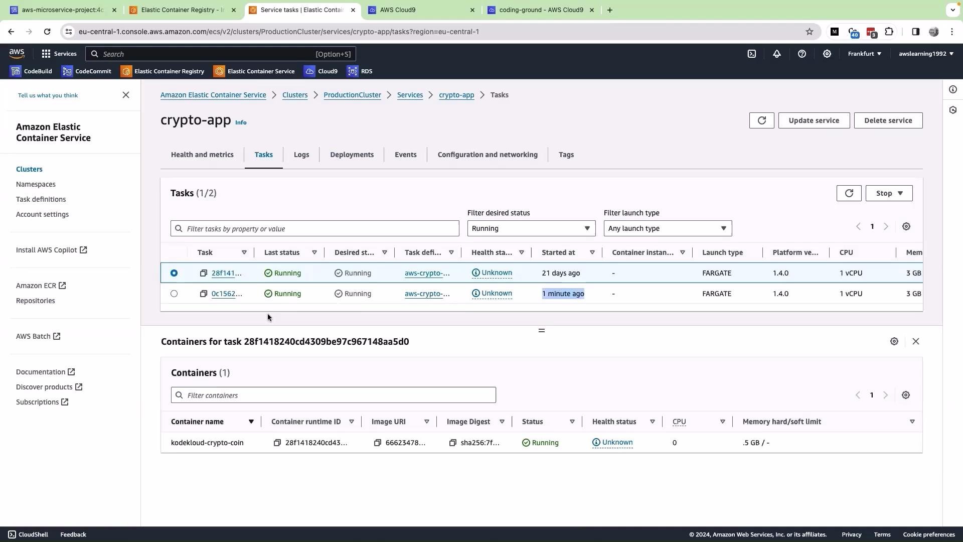 The image shows the Amazon Elastic Container Service (ECS) console, displaying details of running tasks within a cluster named "ProductionCluster" for a service called "crypto-app." Tasks are listed with their status, launch type, and resource specifications.