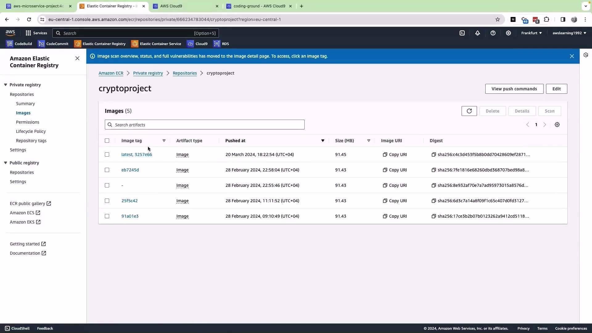The image shows the Amazon Elastic Container Registry interface with a list of images under the repository "cryptoproject," displaying details like image tags, artifact type, push dates, and size.