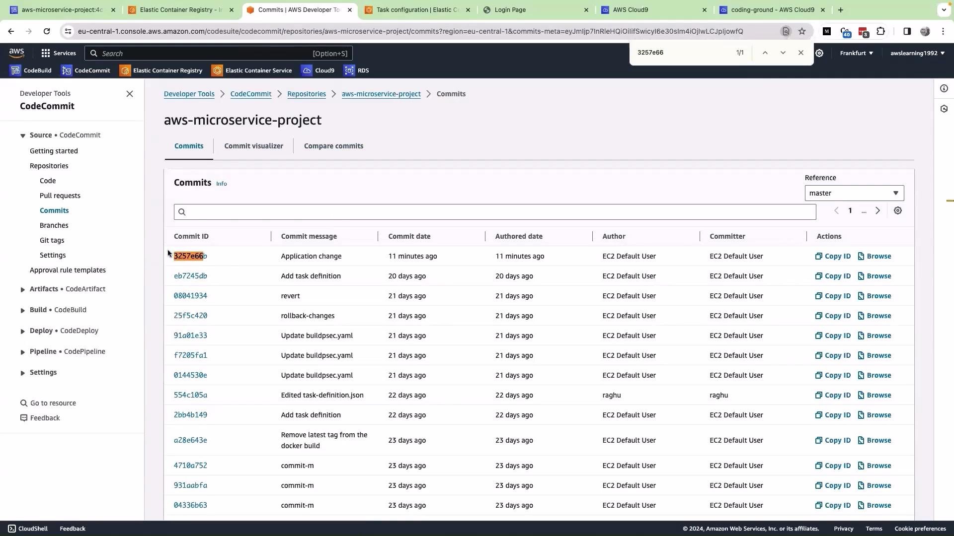The image shows an AWS CodeCommit repository page listing recent commits for a project named "aws-microservice-project," with details such as commit IDs, messages, dates, authors, and actions.