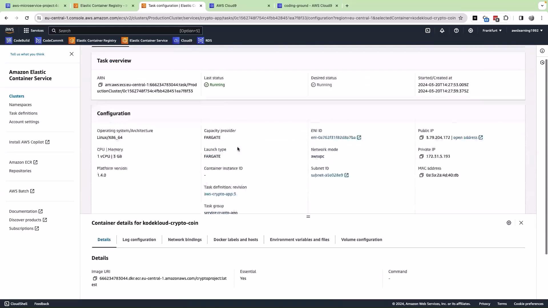 The image shows a screenshot of the AWS Management Console, specifically the Amazon Elastic Container Service (ECS) interface, displaying task details and configuration for a service running with Fargate.