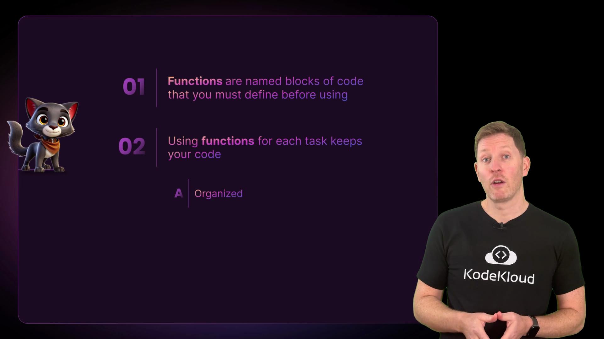 The image features a slide with notes on using functions in code, accompanied by a cartoon cat and a person standing beside it.
