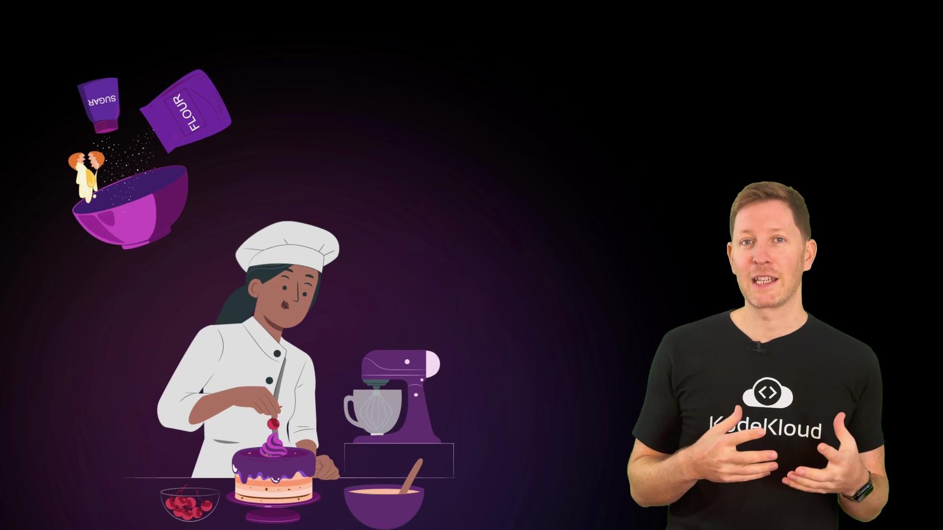 The image shows a person in a black shirt with the "KodeKloud" logo speaking, alongside an illustration of a baker decorating a cake with ingredients being poured into a bowl.