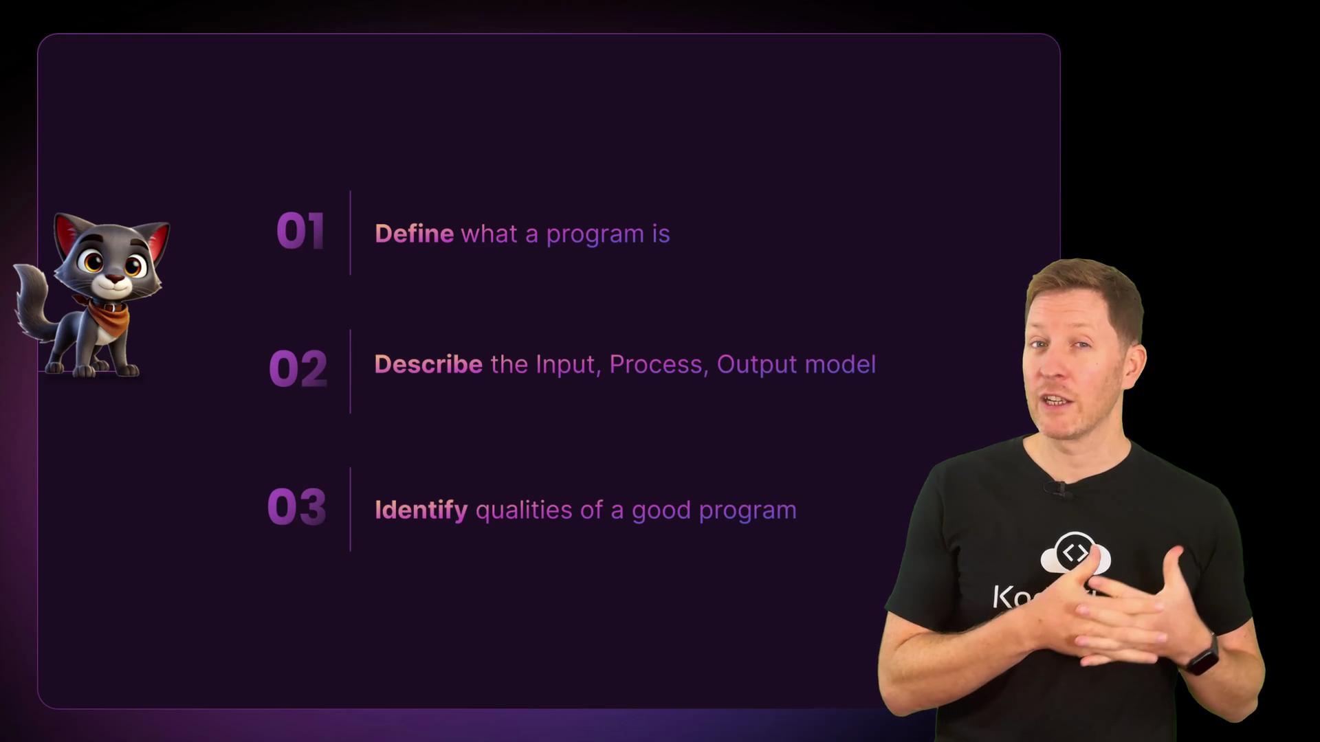 The image shows a text list describing steps about defining a program, the Input-Process-Output model, and identifying qualities of a good program, alongside an animated cat character and a person speaking.