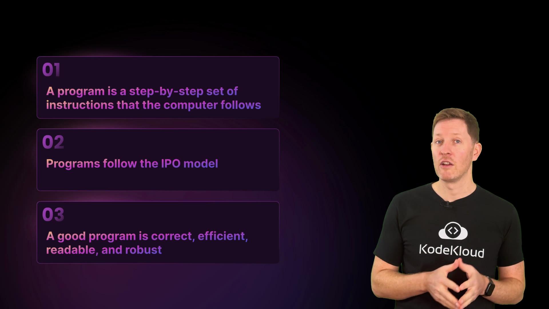The image shows a person standing in front of three points about programming, discussing step-by-step instructions, the IPO model, and qualities of a good program.