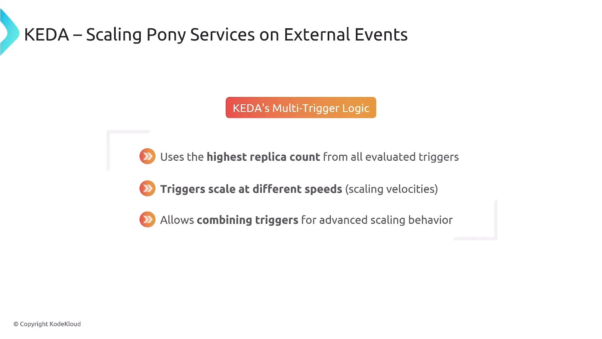 A presentation slide titled "KEDA – Scaling Pony Services on External Events" showing "KEDA's Multi-Trigger Logic." It lists three points: use the highest replica count, triggers scale at different speeds, and allow combining triggers for advanced scaling.