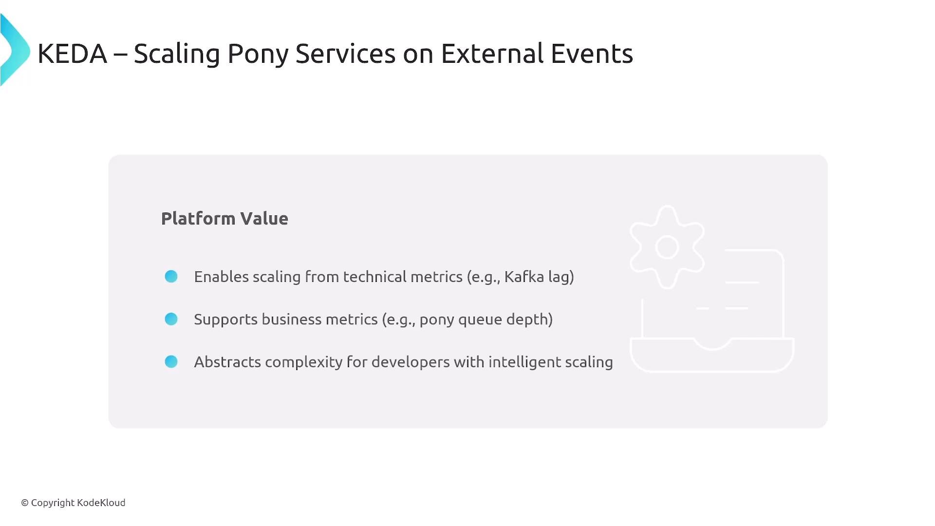 A presentation slide titled "KEDA – Scaling Pony Services on External Events." It lists platform value points: enabling scaling from technical metrics (e.g., Kafka lag), supporting business metrics (e.g., pony queue depth), and abstracting complexity for developers with intelligent scaling.