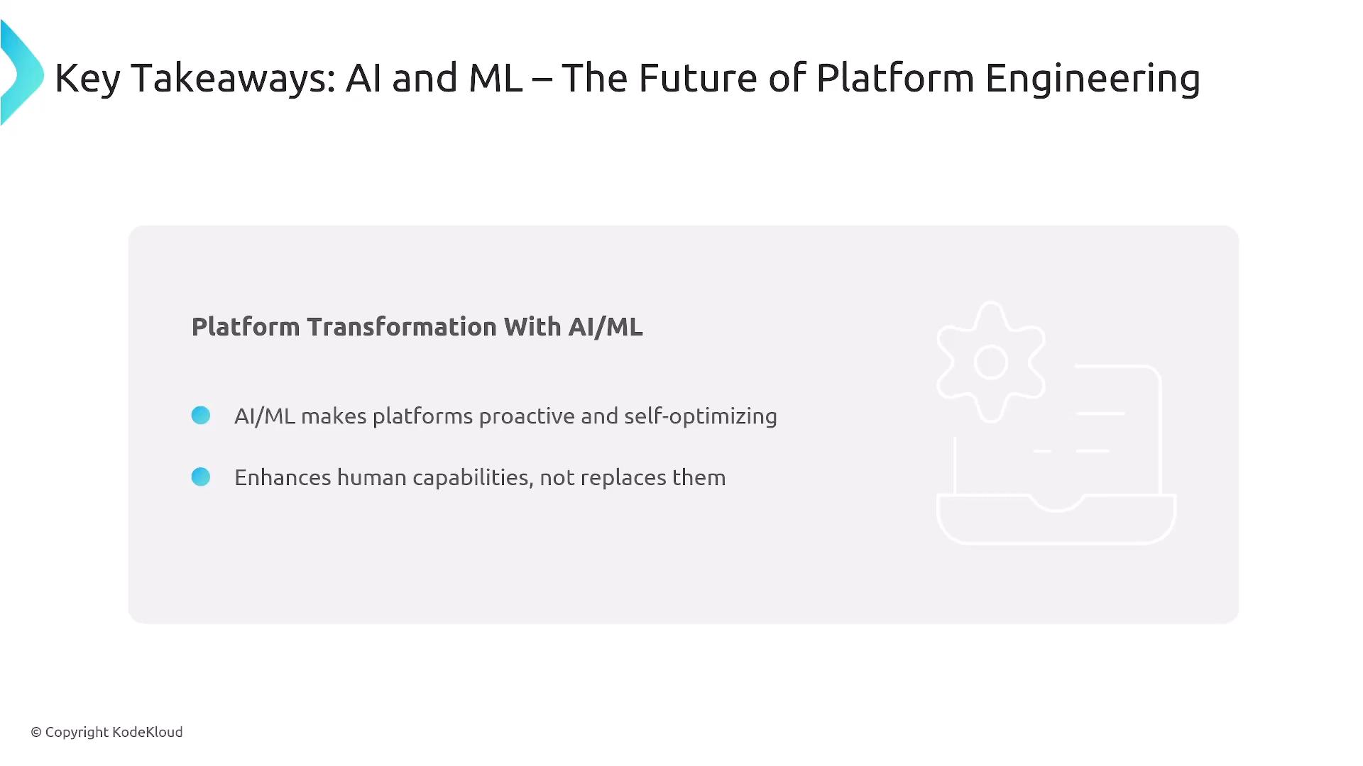 The image outlines key takeaways on AI and ML in platform engineering, highlighting conversational interfaces, security automation, performance optimization, and autonomous operations.