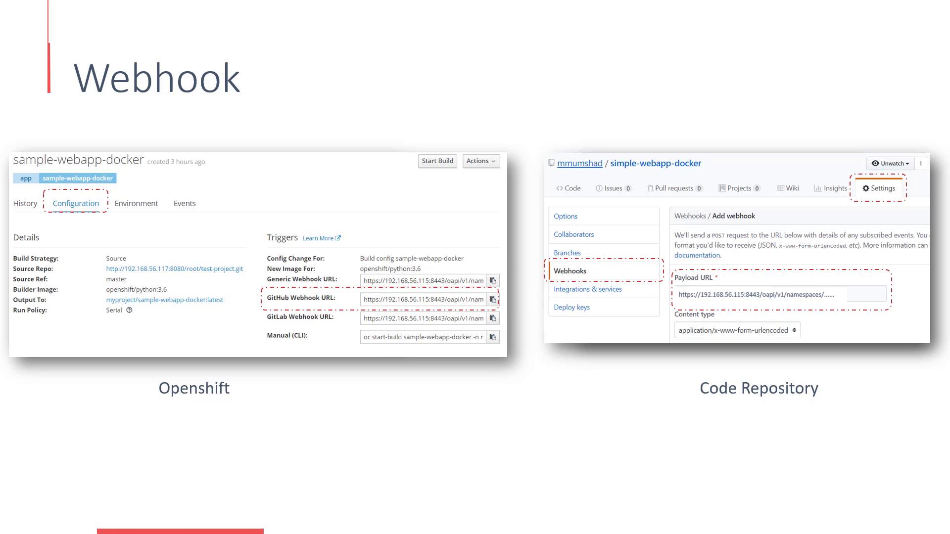 A presentation slide titled "Webhook" showing two screenshots: the OpenShift build configuration with webhook URLs on the left and a code repository's webhook/settings page on the right. Both images highlight the payload/GitHub webhook URL fields used to connect the repository to OpenShift.