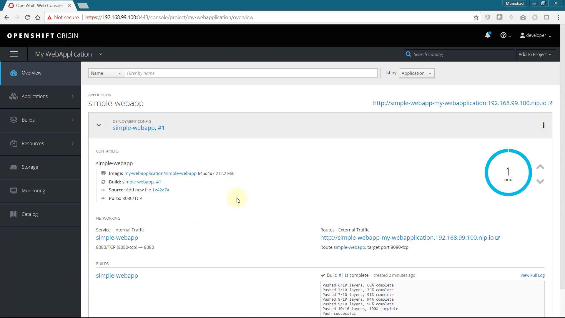 A screenshot of the OpenShift Origin web console showing the "My WebApplication" project and the "simple-webapp" application. The page shows deployment details (image, build), networking (port 8080 and route), and a status donut indicating 1 pod.