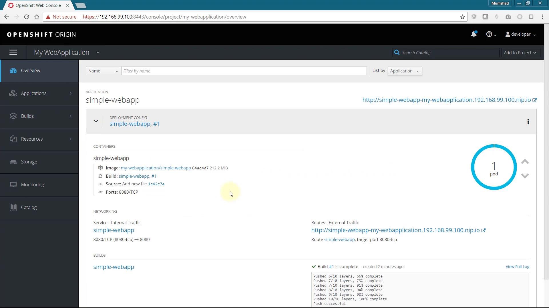 A screenshot of the OpenShift Origin web console showing the "My WebApplication" project and the "simple-webapp" application. The page shows deployment details (image, build), networking (port 8080 and route), and a status donut indicating 1 pod.