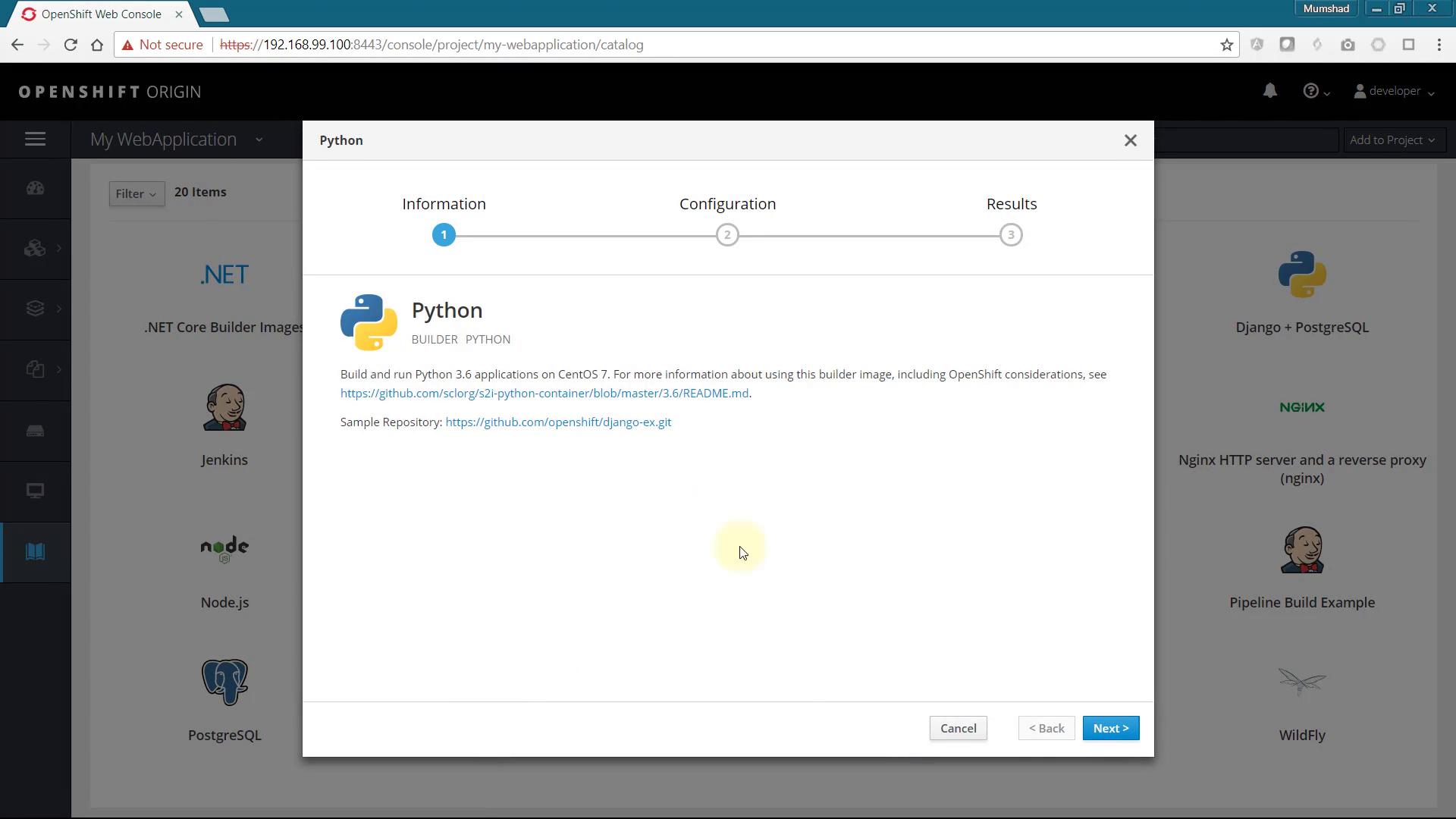 A screenshot of the OpenShift Origin web console with a modal dialog for the Python builder image. The dialog shows the Python logo and brief info about building Python 3.6 on CentOS 7, with navigation buttons like Cancel and Next.