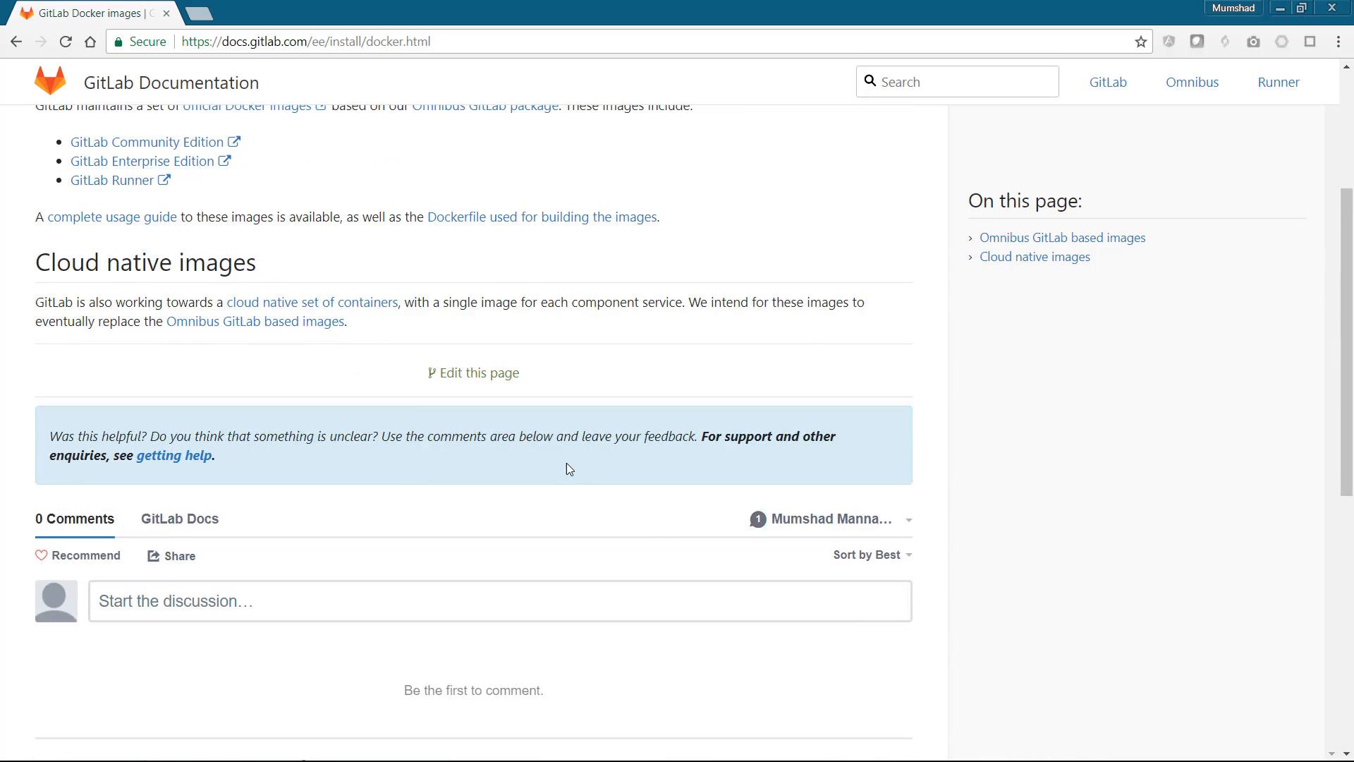 A screenshot of the GitLab Documentation page showing the "Cloud native images" section about Docker images, with links and a comment box below. The header shows the GitLab logo and search bar, and a right-hand "On this page" sidebar.