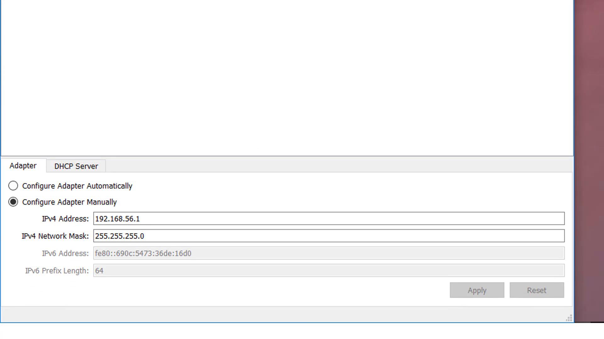 A computer settings window showing network adapter configuration with "Configure Adapter Manually" selected. The IPv4 address is set to 192.168.56.1 with subnet mask 255.255.255.0 and an IPv6 link-local address/prefix displayed.