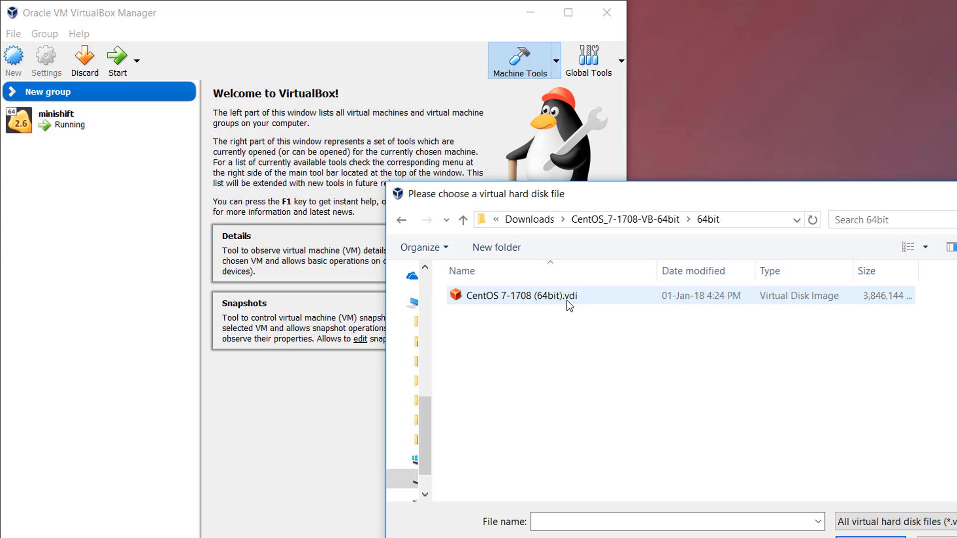 A screenshot of Oracle VM VirtualBox Manager. A file dialog is open with "CentOS 7-1708 (64bit).vdi" selected, while the left pane shows a running "minishift" VM and a penguin illustration.
