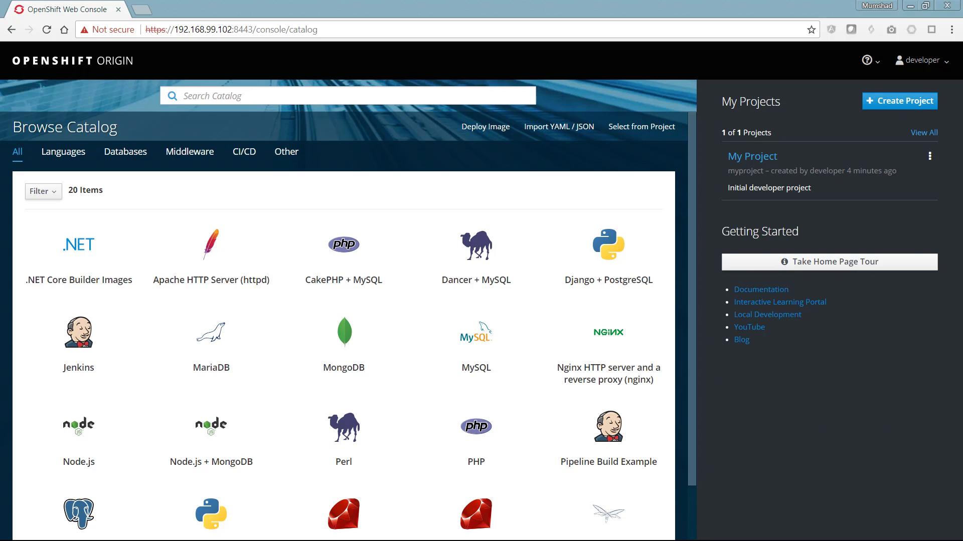 A screenshot of the OpenShift Origin web console showing the "Browse Catalog" page with various builder images and templates (e.g., .NET, Apache, Django, MySQL, MongoDB, Node.js). The right sidebar shows "My Projects" and Getting Started links.