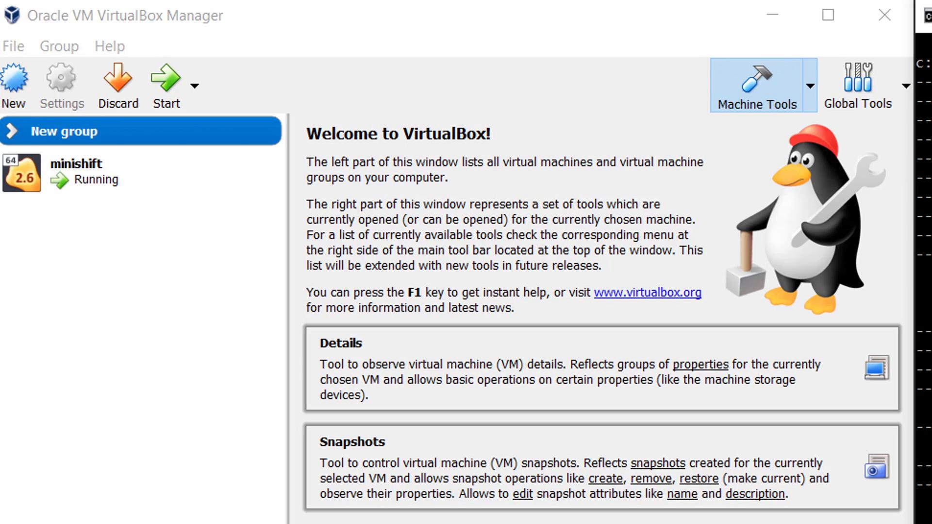 Screenshot of the Oracle VM VirtualBox Manager "Welcome to VirtualBox" window featuring a penguin mascot holding a wrench and hammer. The left pane shows a virtual machine named "minishift" marked as running.