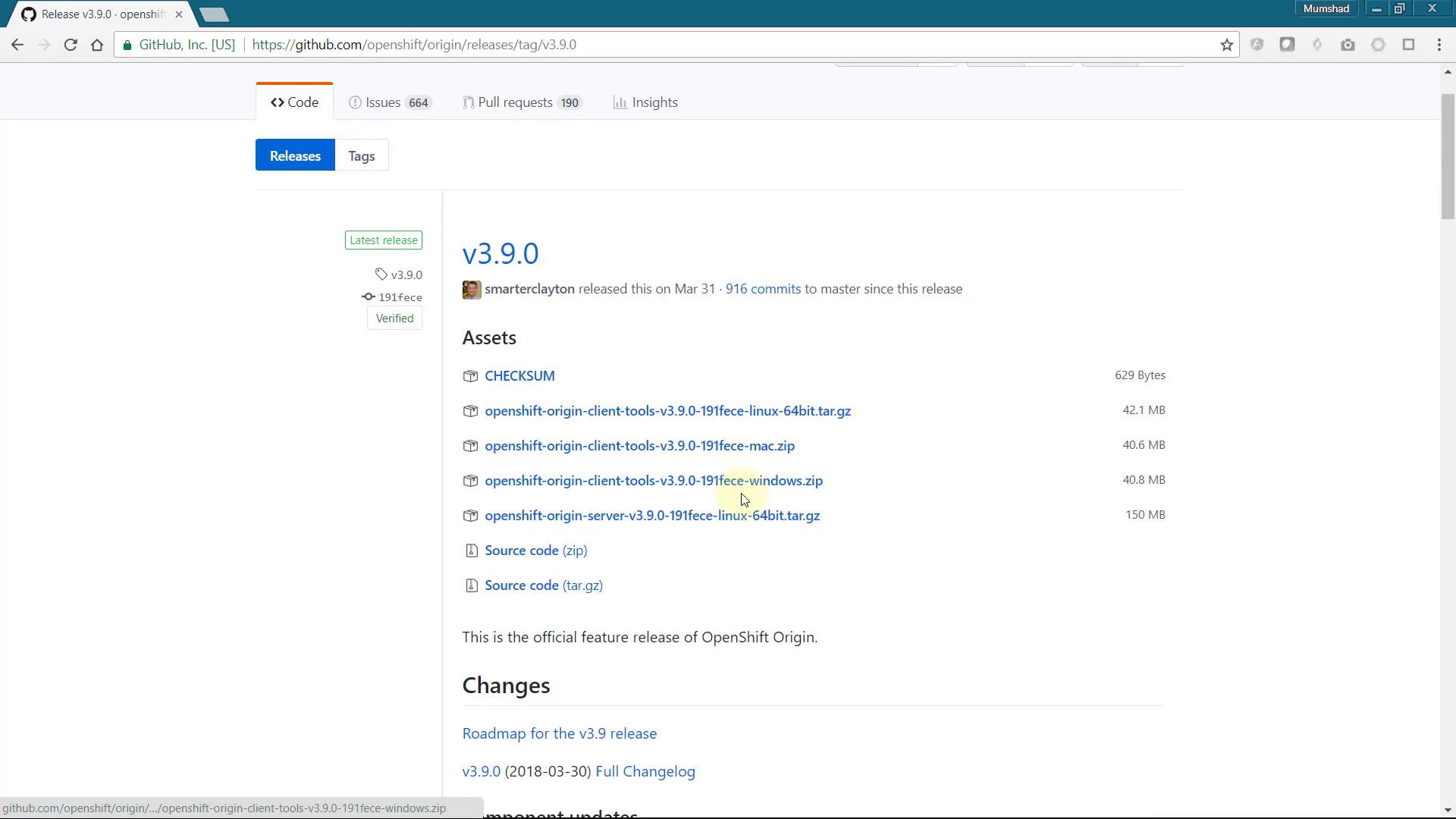 A screenshot of a GitHub Releases page for OpenShift Origin v3.9.0 showing the release title and a list of downloadable assets (client/server tarballs and source zip files).