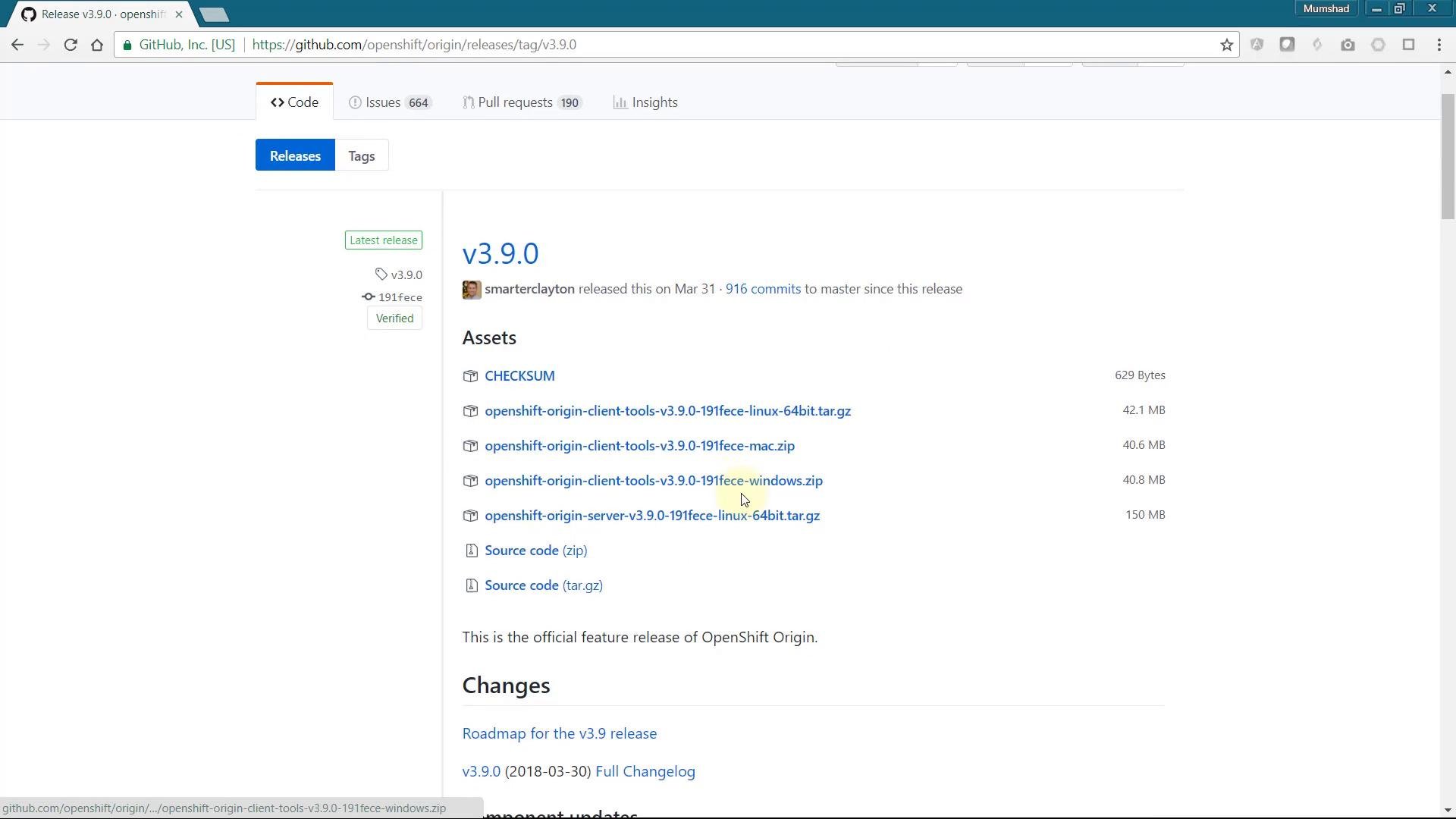 A screenshot of a GitHub Releases page for OpenShift Origin v3.9.0 showing the release title and a list of downloadable assets (client/server tarballs and source zip files).