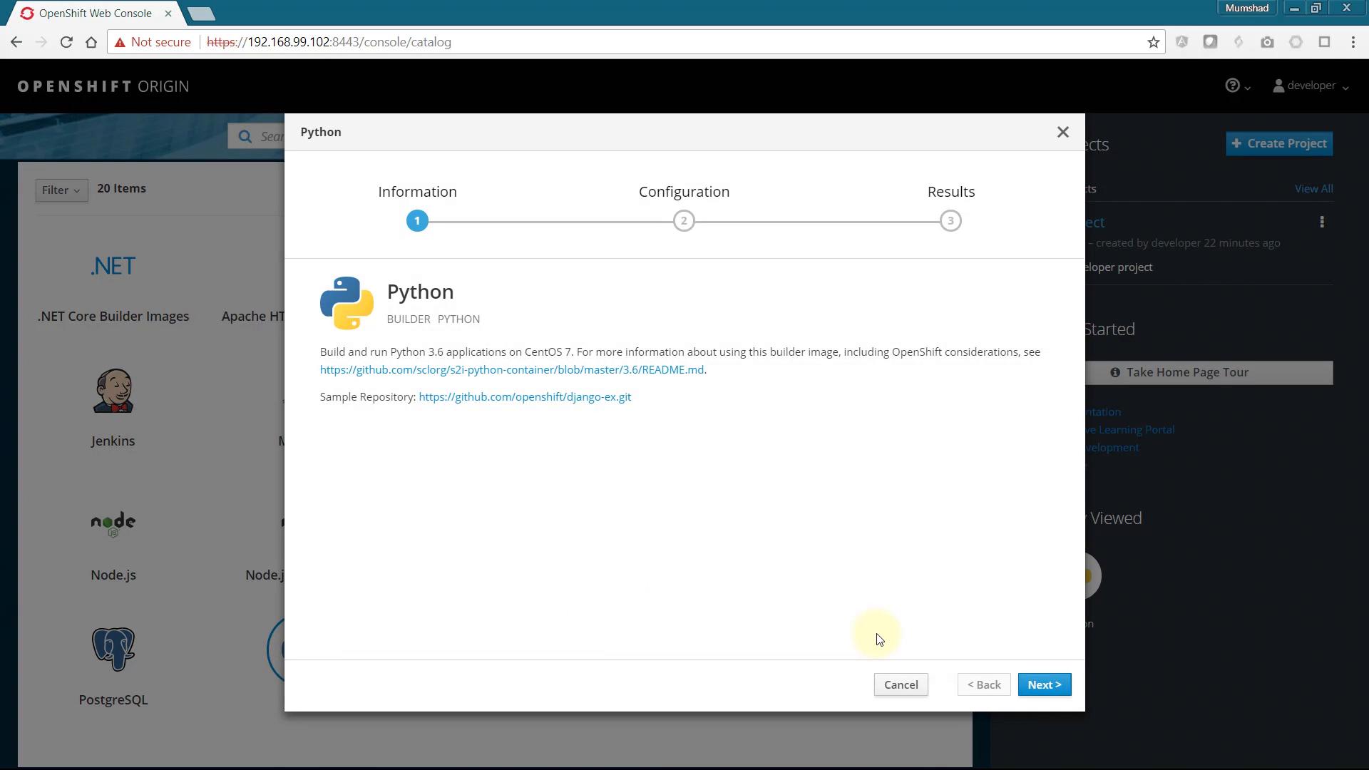 A screenshot of the OpenShift Origin web console showing a modal for the Python builder image, with the Python logo, a brief description about building Python 3.6 on CentOS 7, and a three-step progress bar. Other builder images are visible blurred in the background and the modal shows Cancel and Next buttons.